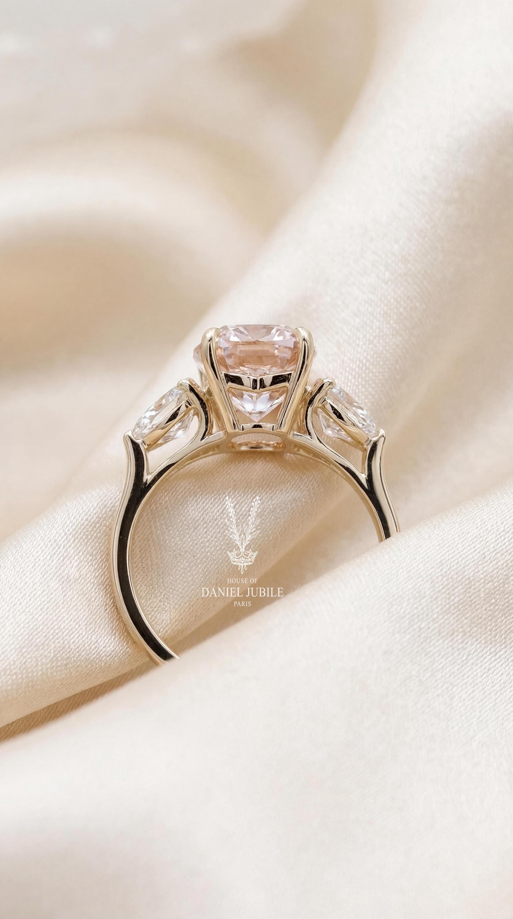 4 Carat Fancy Pink Cushion Cut Lab Diamond Ring – 14k Gold Three Stone Engagement Ring
