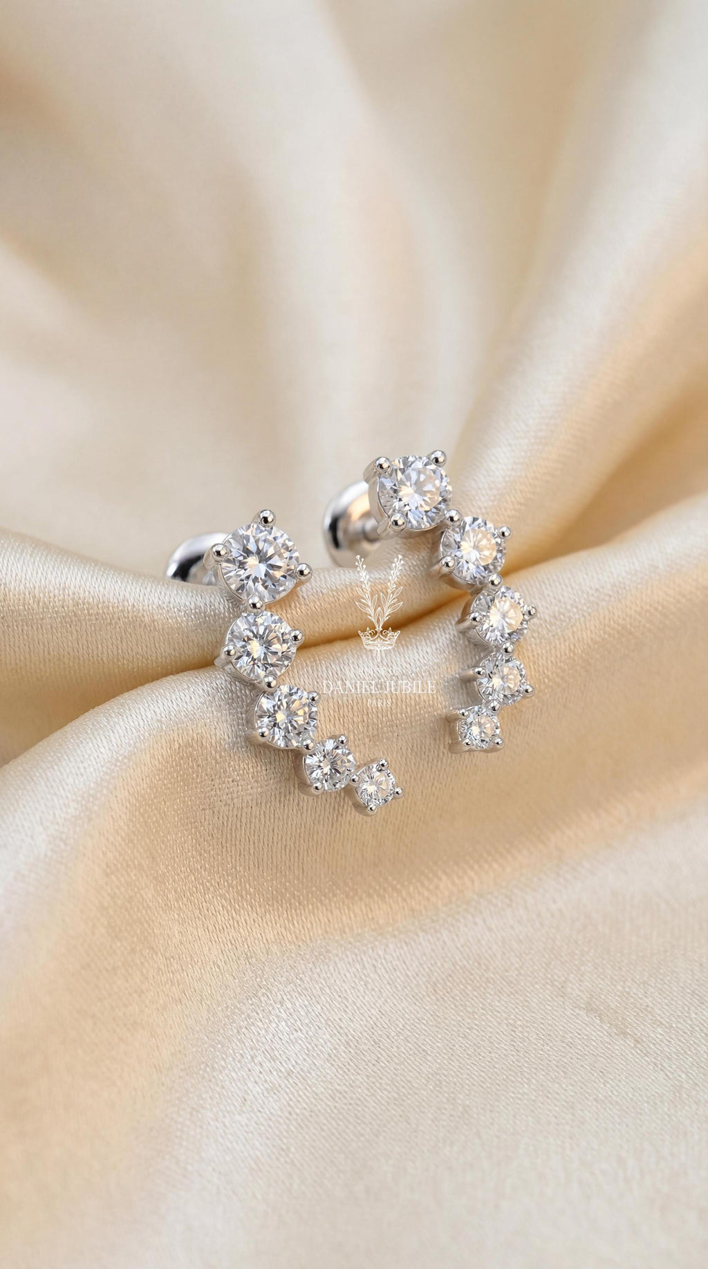 Lab Diamond Ear Climbers - 2.0ctw Graduated Round, 14k White Gold