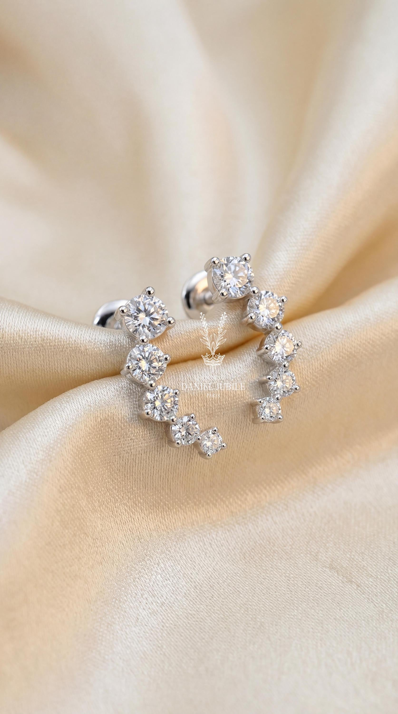 Lab Diamond Ear Climbers - 2.0ctw Graduated Round, 14k White Gold