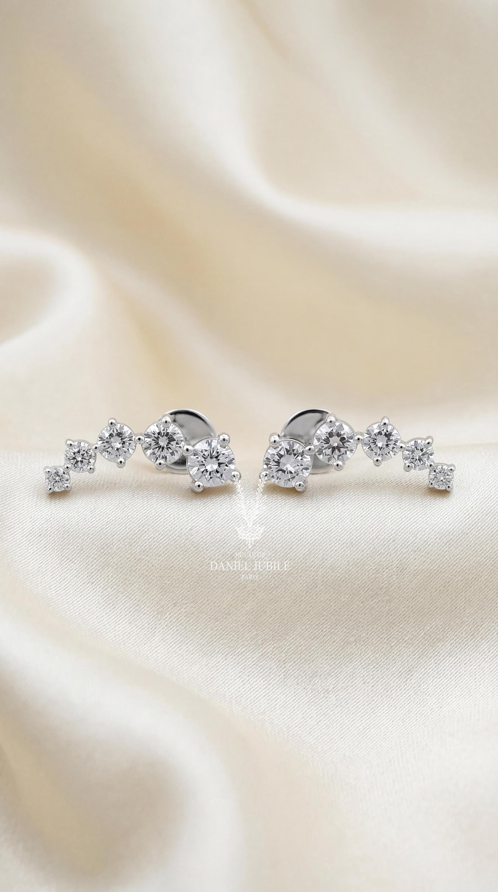 Lab Diamond Ear Climbers - 2.0ctw Graduated Round, 14k White Gold
