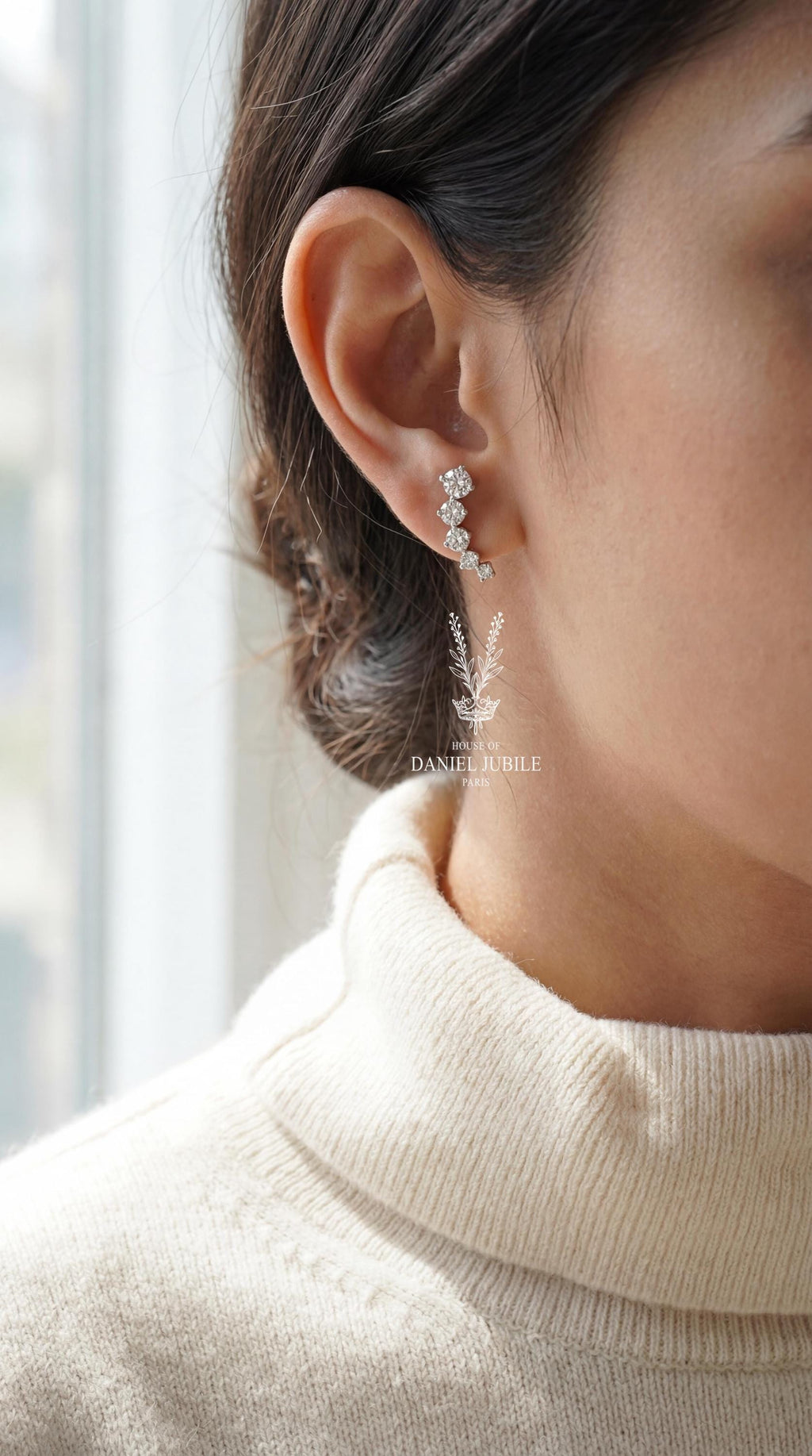 Lab Diamond Ear Climbers - 2.0ctw Graduated Round, 14k White Gold