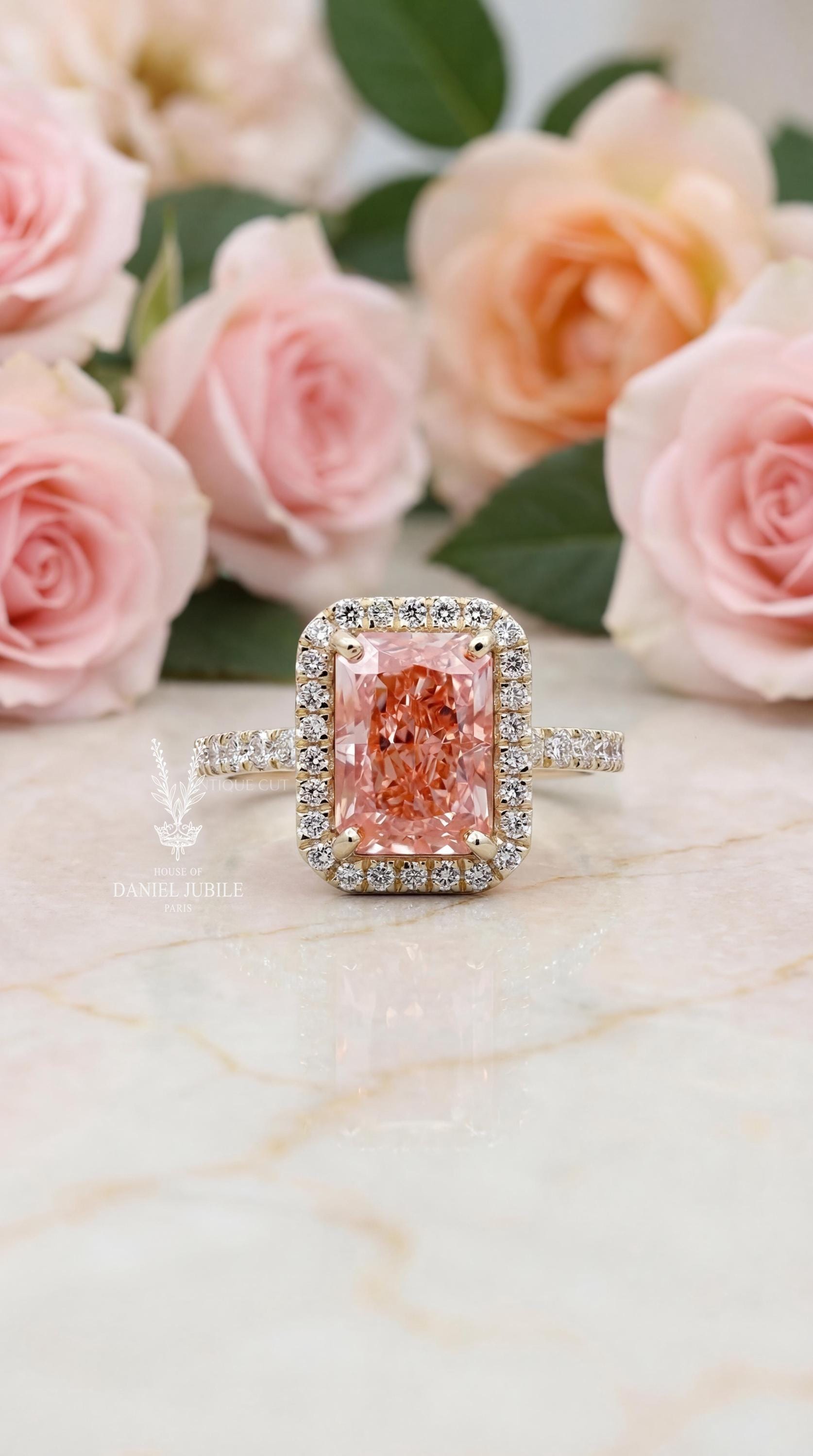 5 Carat Pink Lab Diamond Halo Engagement Ring – 14k Gold Art Deco Wedding Ring