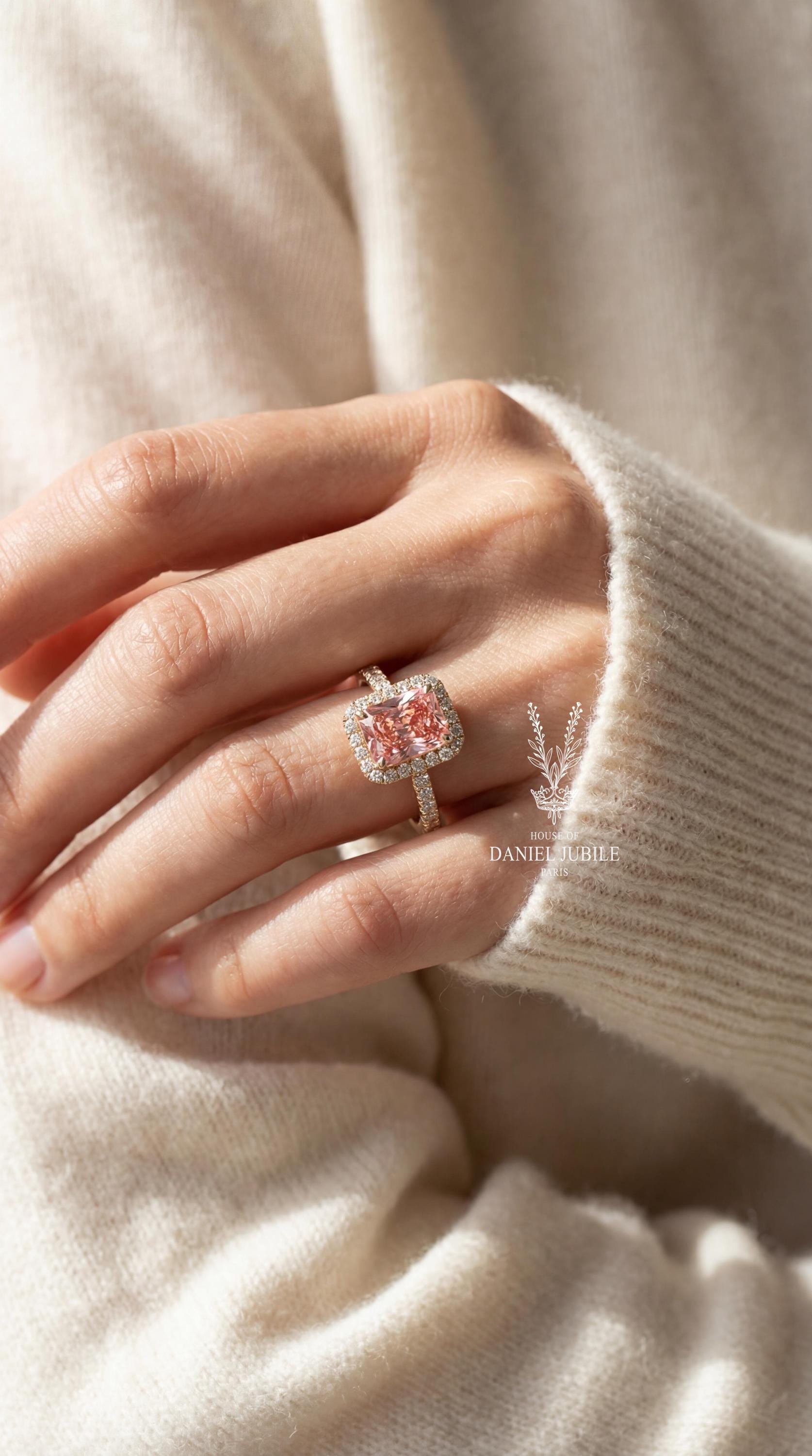 5 Carat Pink Lab Diamond Halo Engagement Ring – 14k Gold Art Deco Wedding Ring