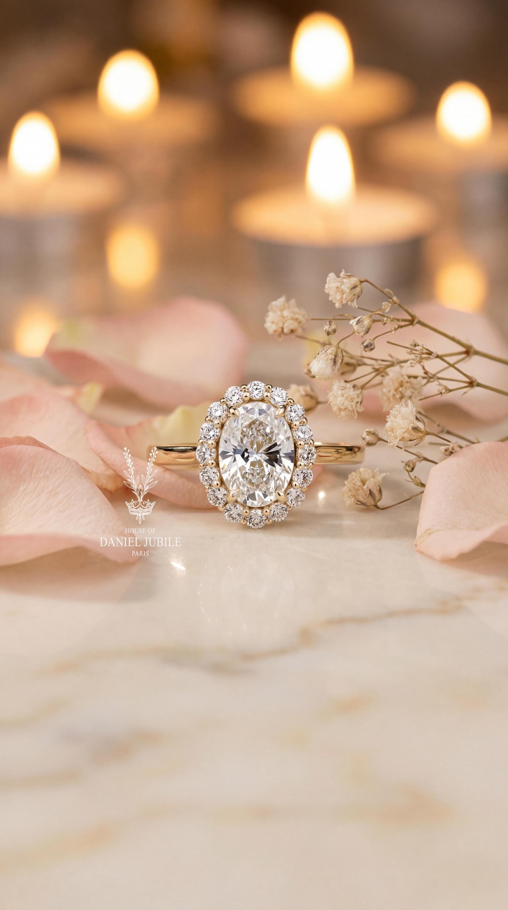 Oval cut Lab Halo Engagement Diamond Ring – 14k Gold Art Deco Wedding Ring