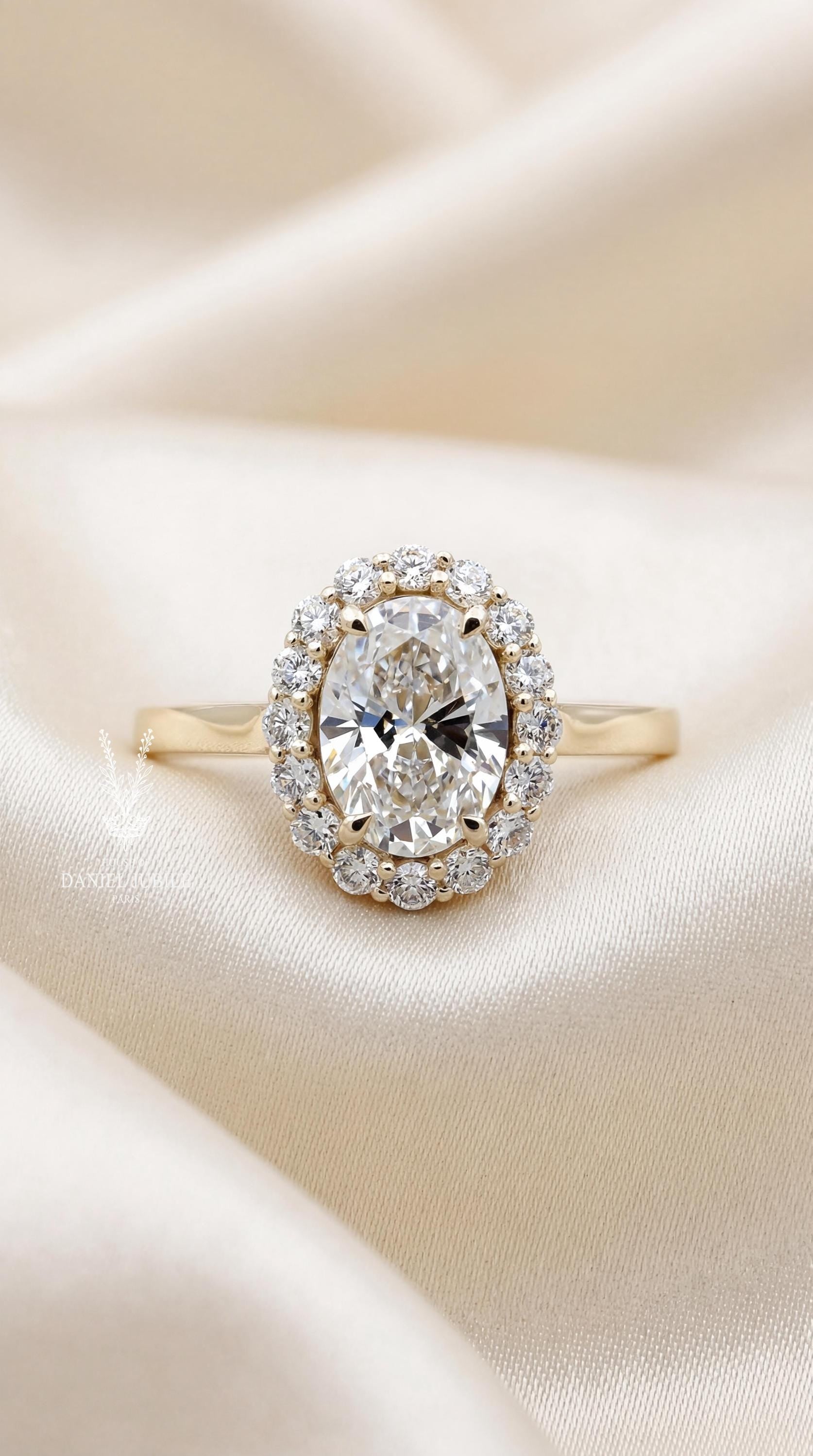 Oval cut Lab Halo Engagement Diamond Ring – 14k Gold Art Deco Wedding Ring