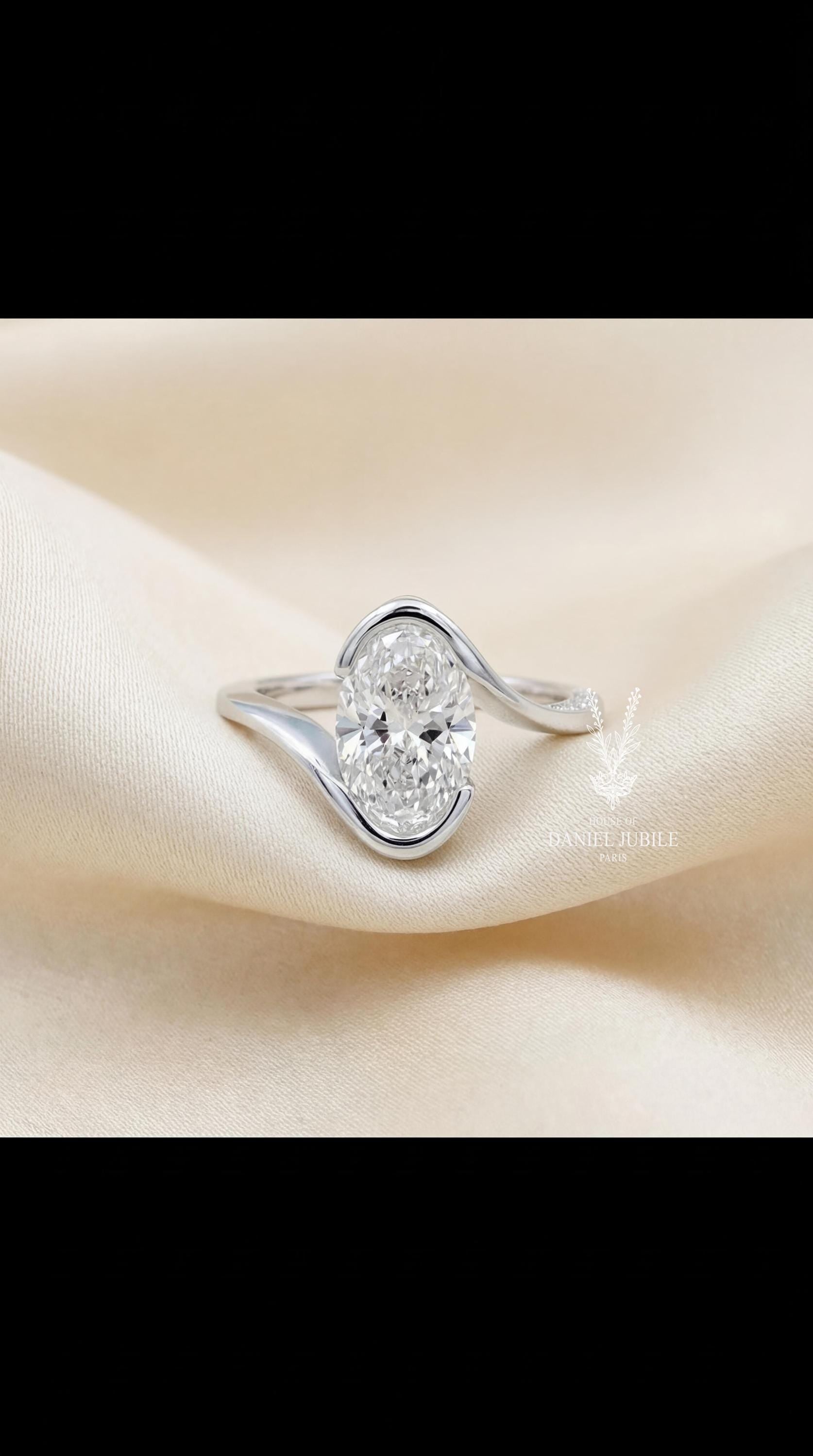 3 Carat Oval cut Lab Halo Engagement Diamond Ring – 14k White Gold Bypass Pavé Band