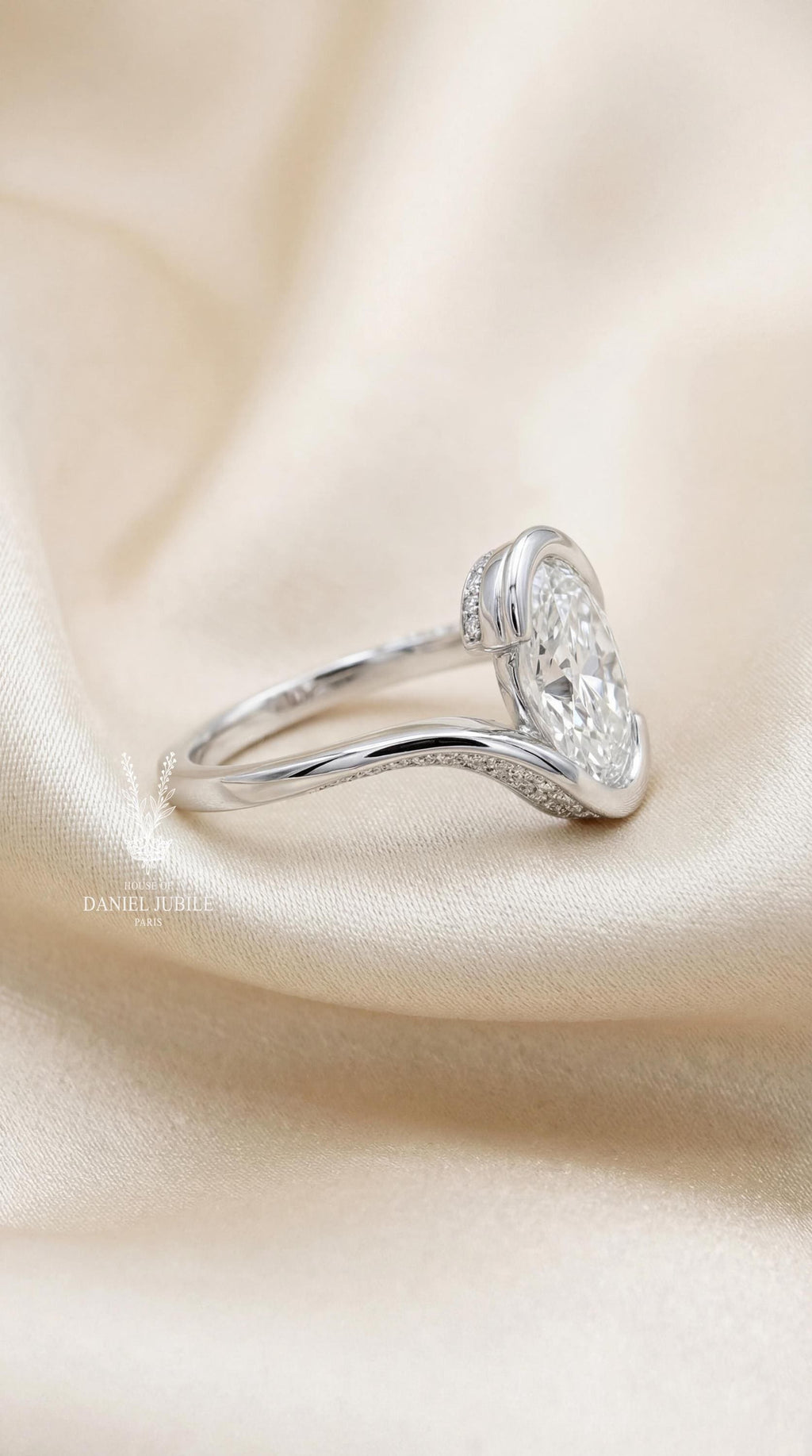 3 Carat Oval cut Lab Halo Engagement Diamond Ring – 14k White Gold Bypass Pavé Band