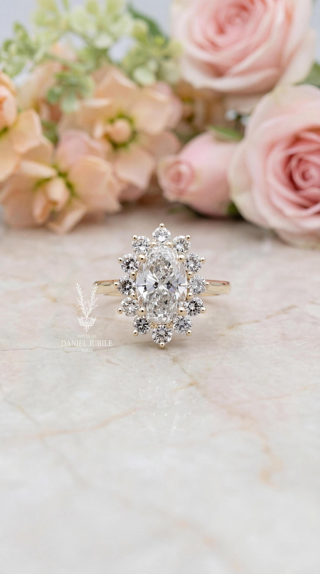 4Carat Oval Lab Starburst Halo Engagement Diamond Ring – Vintage Gold Sunflower Wedding Ring