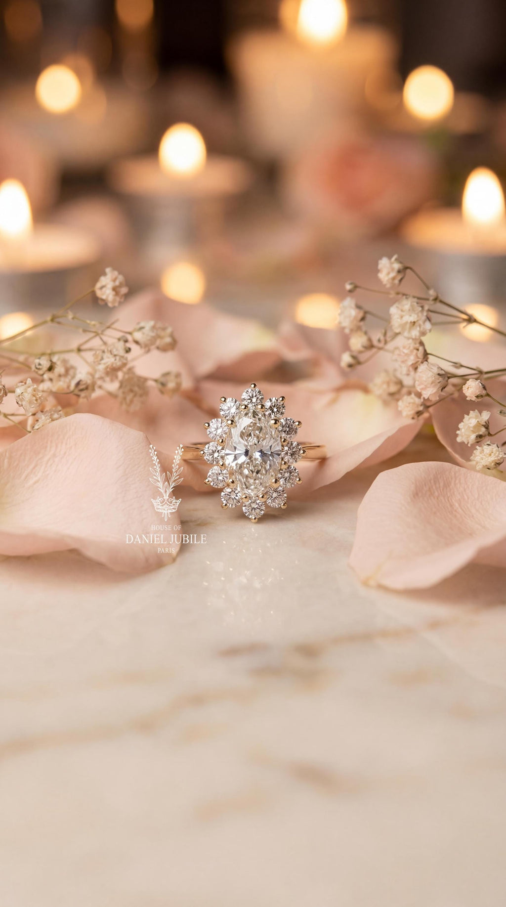 4Carat Oval Lab Starburst Halo Engagement Diamond Ring – Vintage Gold Sunflower Wedding Ring
