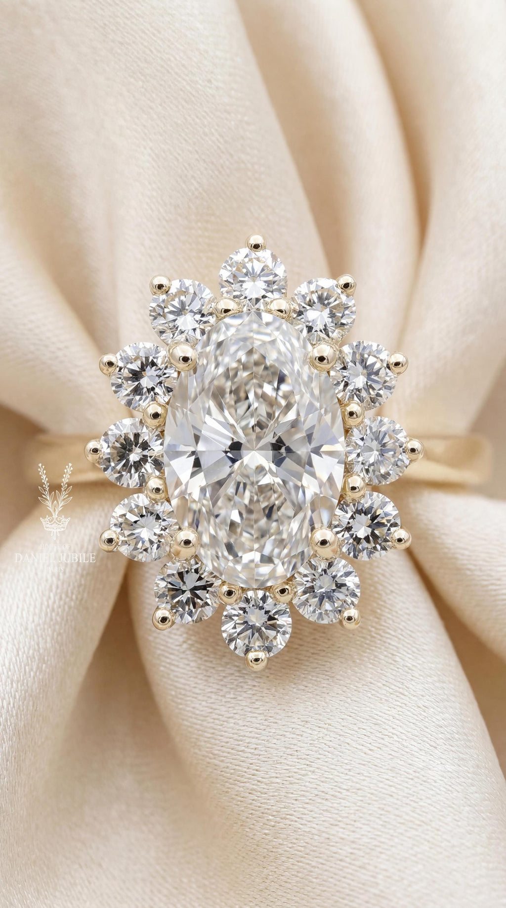 4Carat Oval Lab Starburst Halo Engagement Diamond Ring – Vintage Gold Sunflower Wedding Ring
