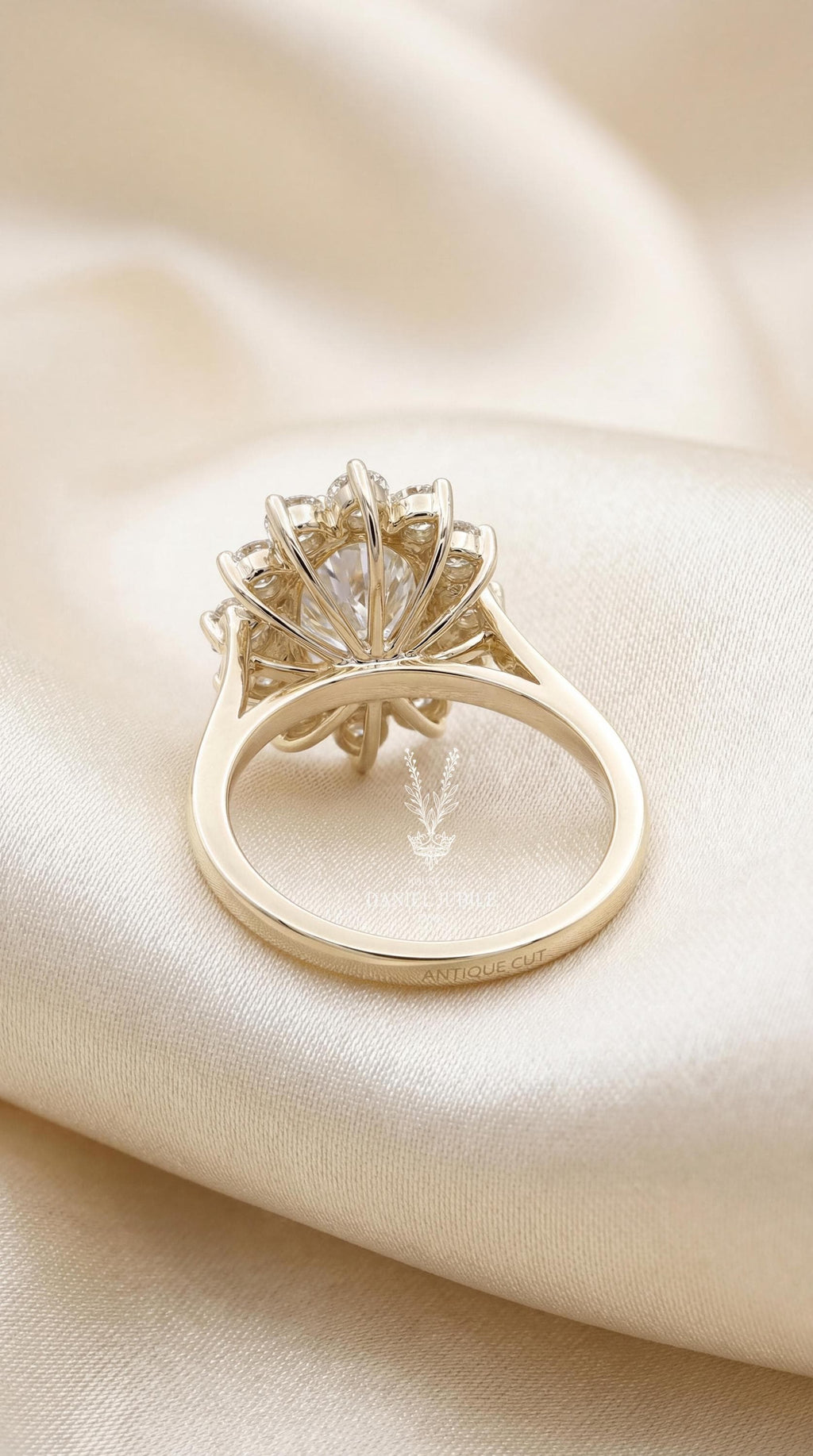 4Carat Oval Lab Starburst Halo Engagement Diamond Ring – Vintage Gold Sunflower Wedding Ring