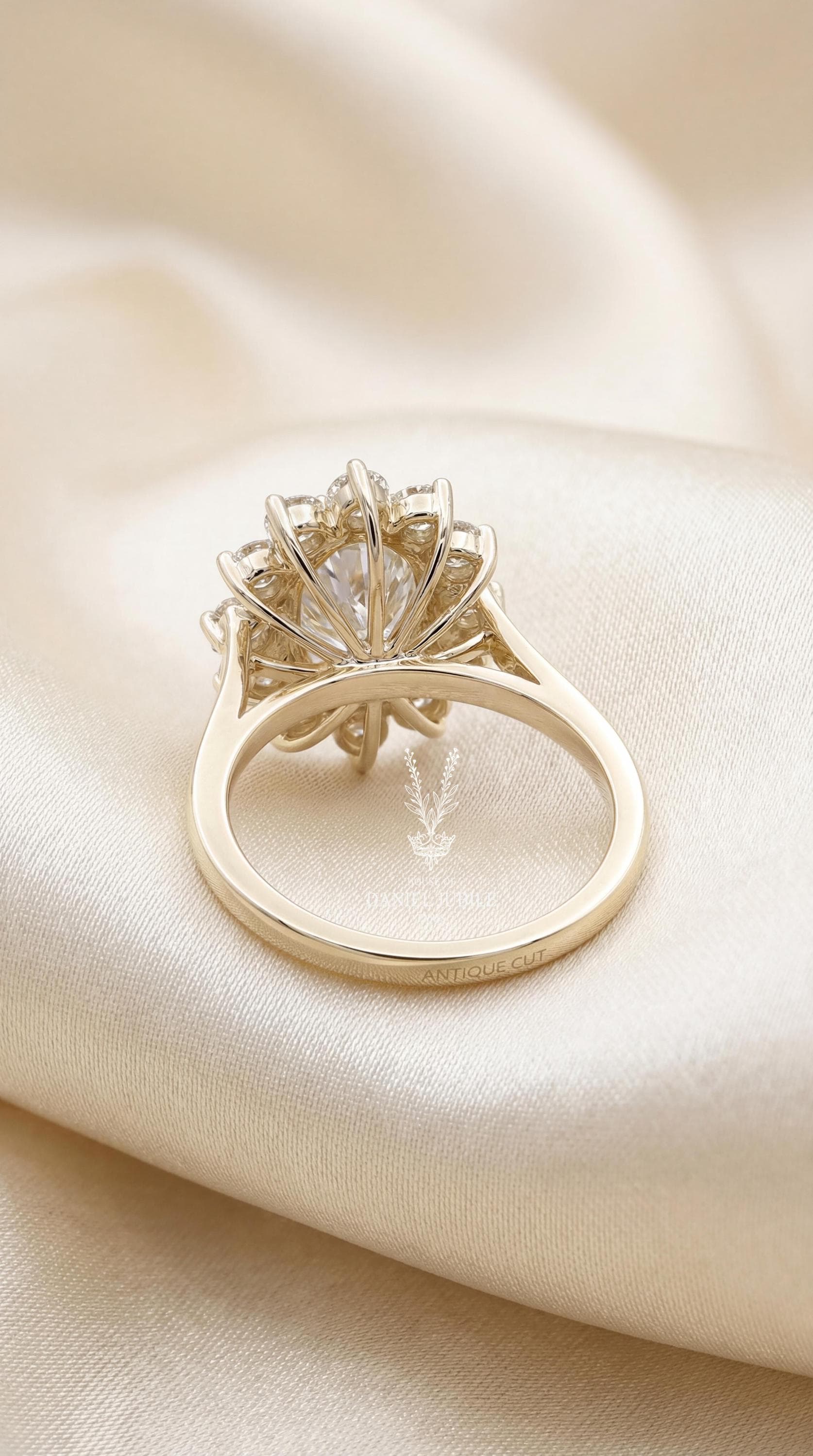 4Carat Oval Lab Starburst Halo Engagement Diamond Ring – Vintage Gold Sunflower Wedding Ring