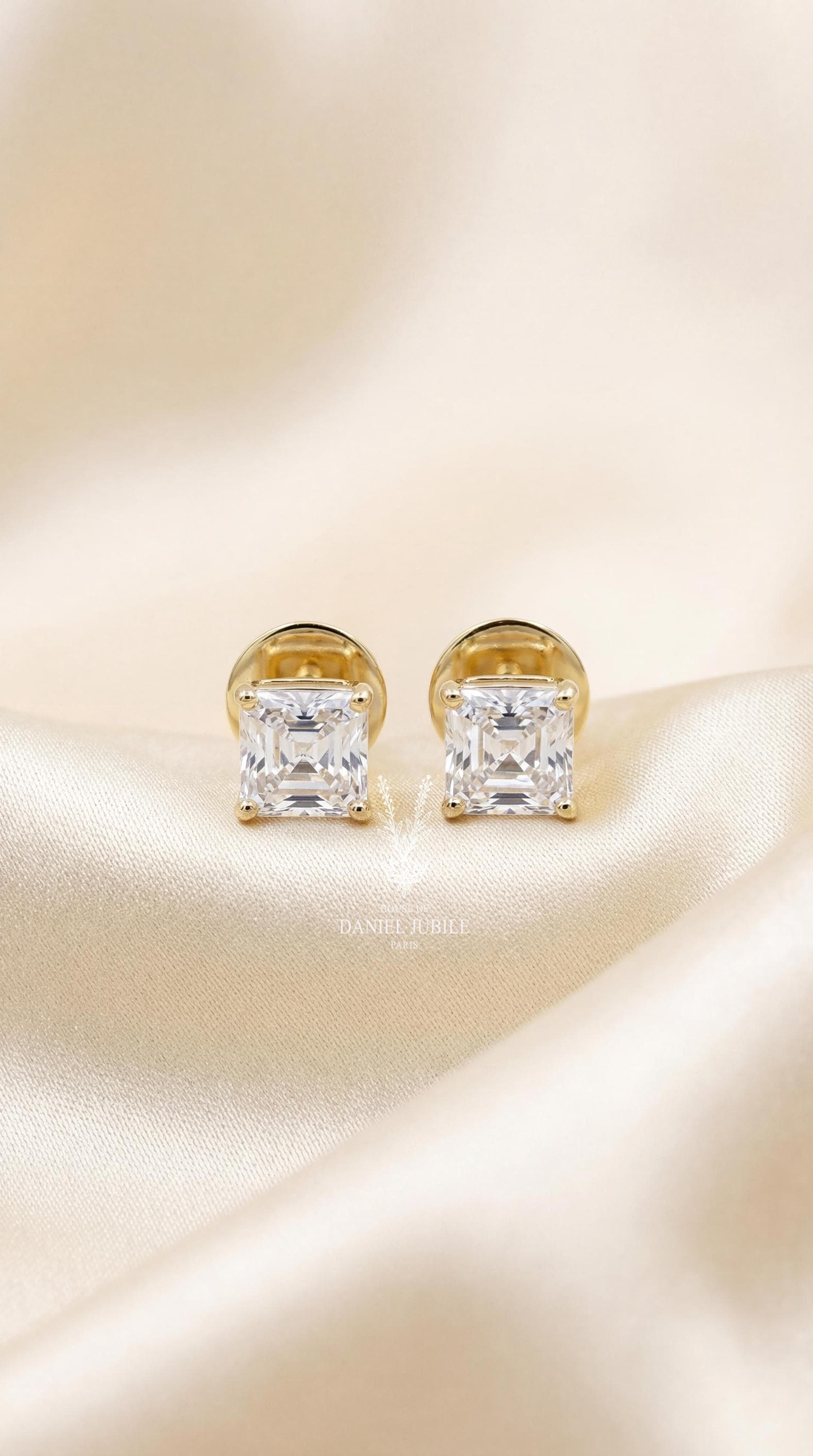 Asscher Cut Lab Diamond Stud Earrings – Art Deco Gold Solitaire