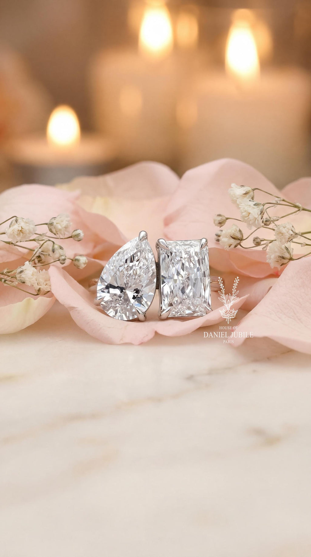 6Carat Lab Grown Diamond Toi et Moi Ring, Pear & Radiant Cut, 14k White Gold