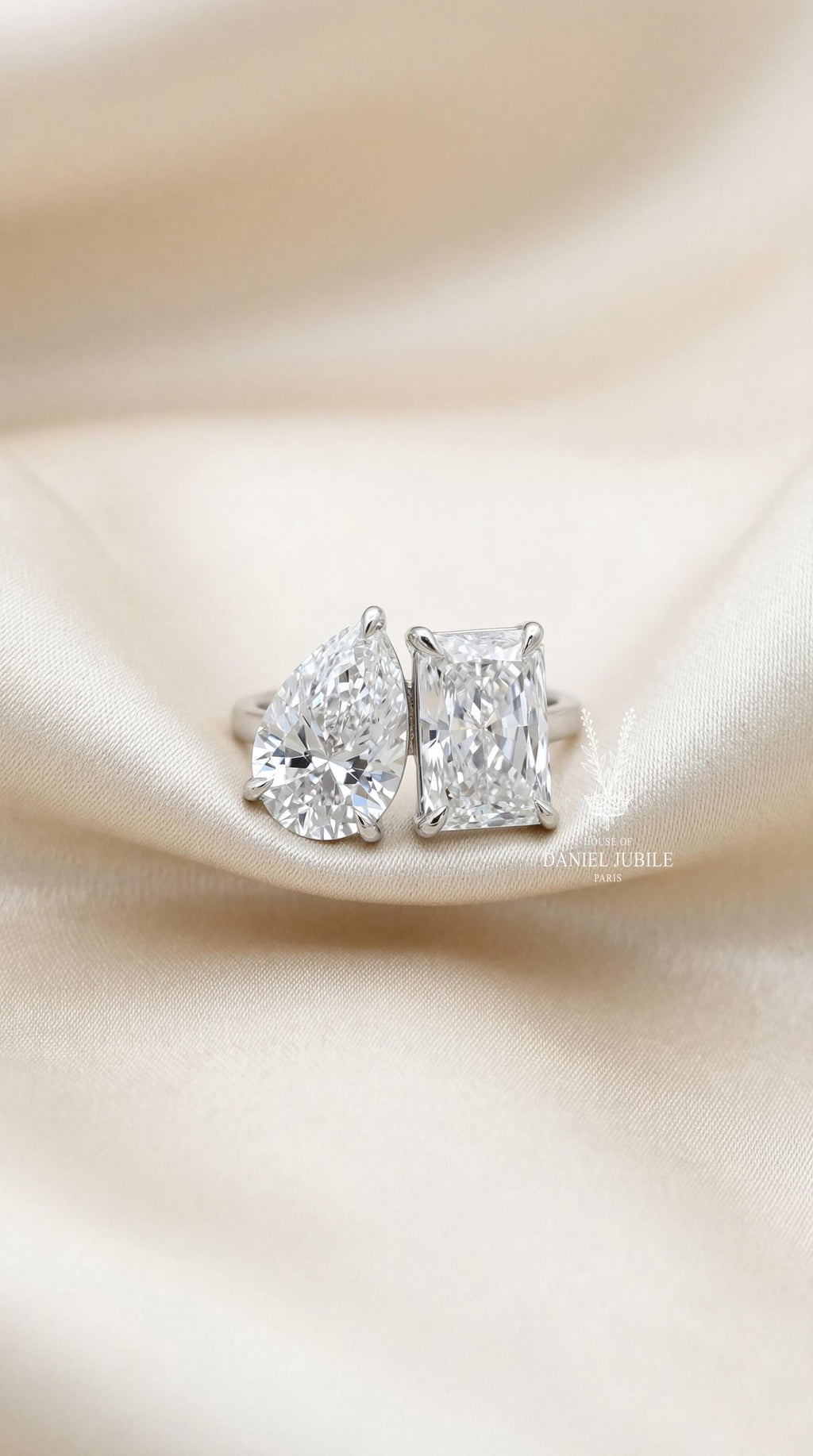6Carat Lab Grown Diamond Toi et Moi Ring, Pear & Radiant Cut, 14k White Gold