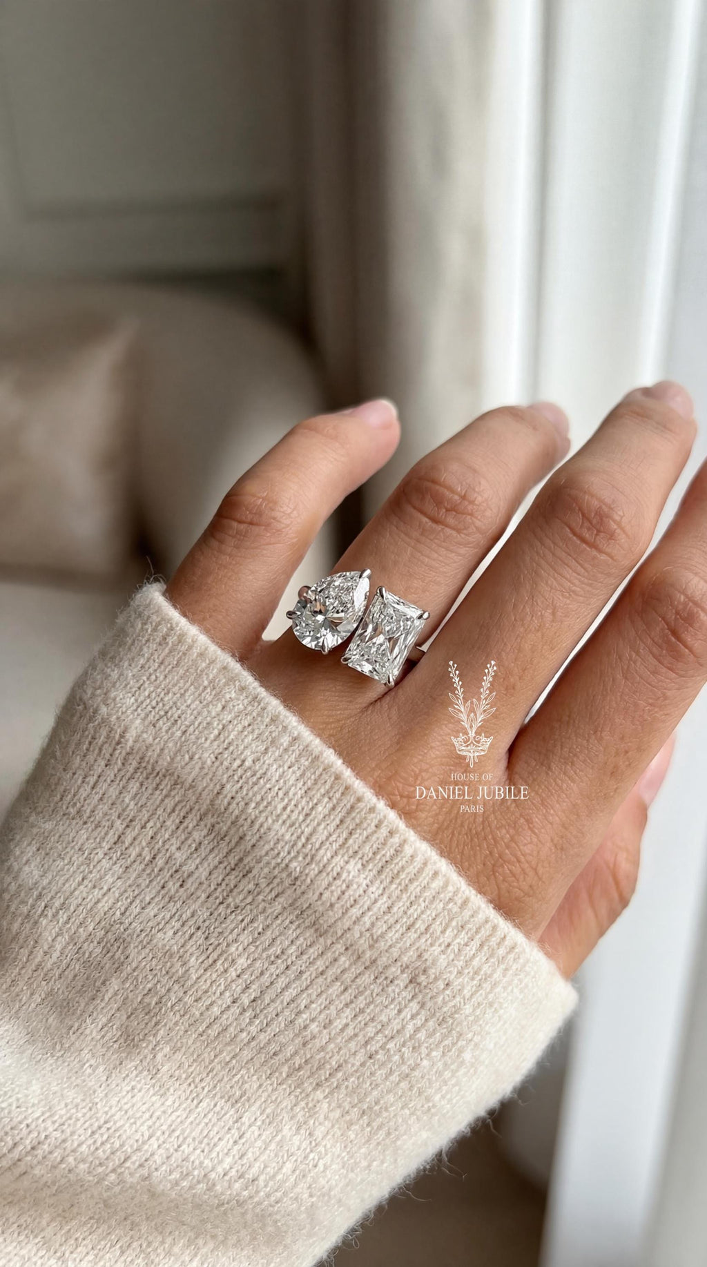 6Carat Lab Grown Diamond Toi et Moi Ring, Pear & Radiant Cut, 14k White Gold