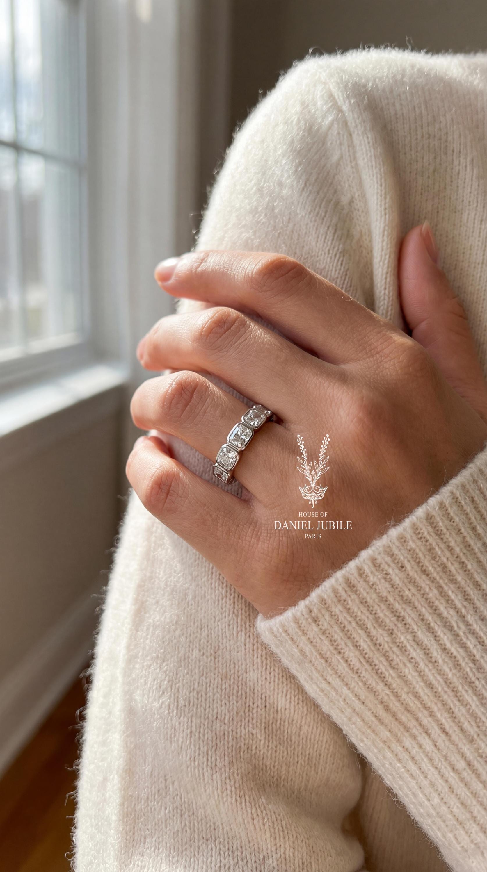 2.10ctw Lab Diamond Wedding Band – 14k Gold Half Bezel Anniversary Ring
