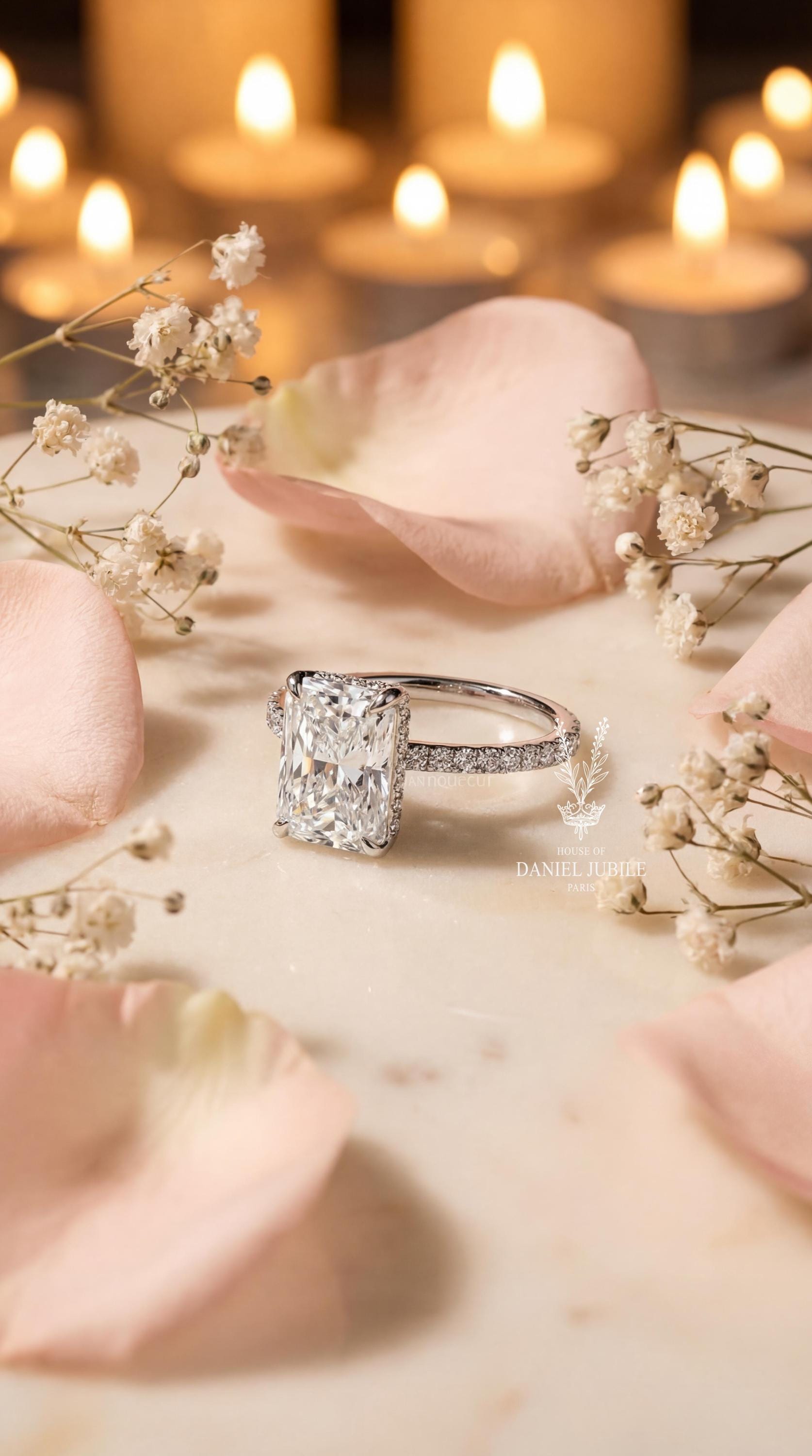 4Carat Radiant Cut Lab Engagement Diamond Ring – 14k White Gold Hidden Halo Pavé Band