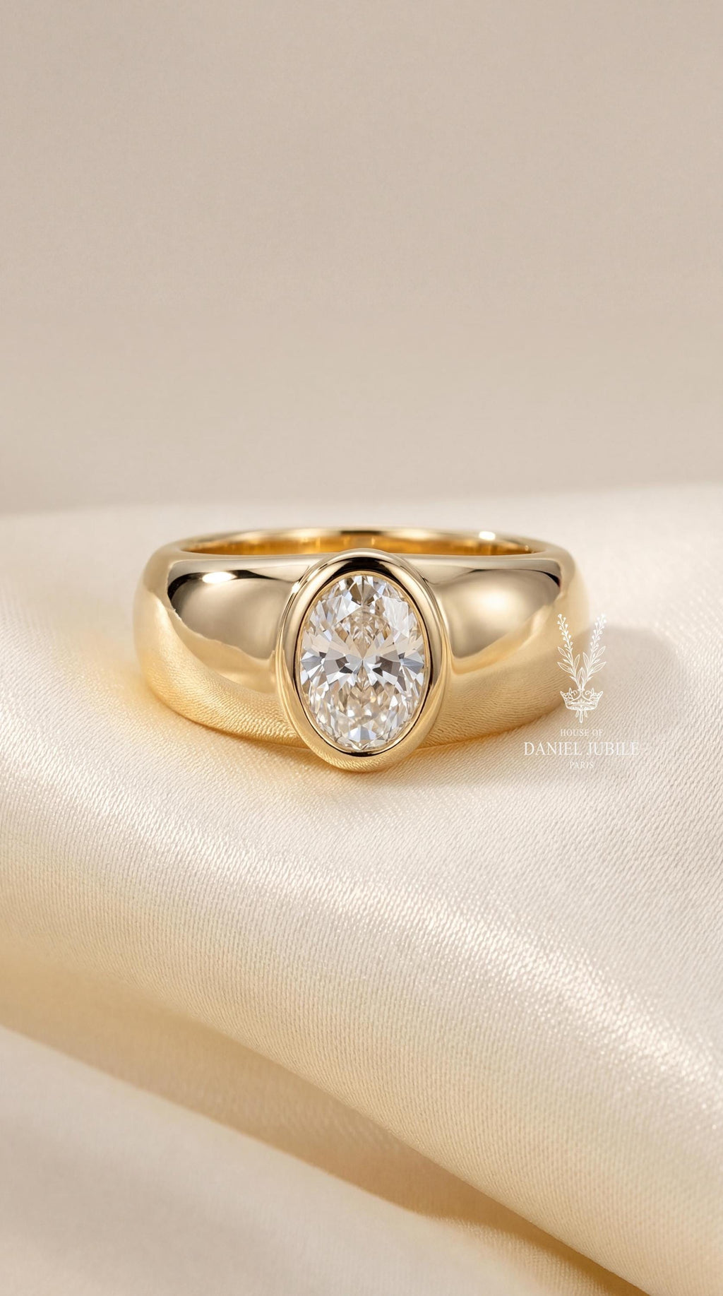 2Carat Oval Cut Lab Diamond Bezel Set Cigar Band Ring in 14k Gold, Chunky Gypsy Style Statement Ring For Her, Valentines Gift