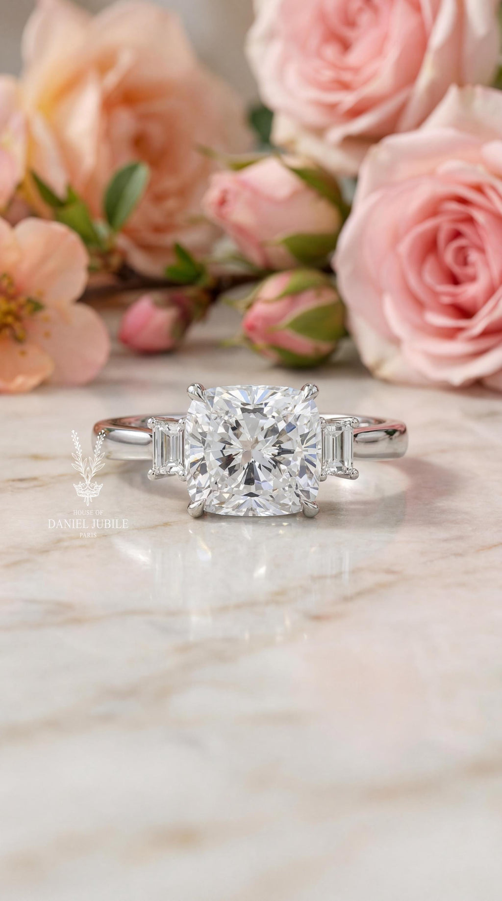 3Carat Cushion Cut Lab Diamond Engagement Ring – Three Stone 14k Gold