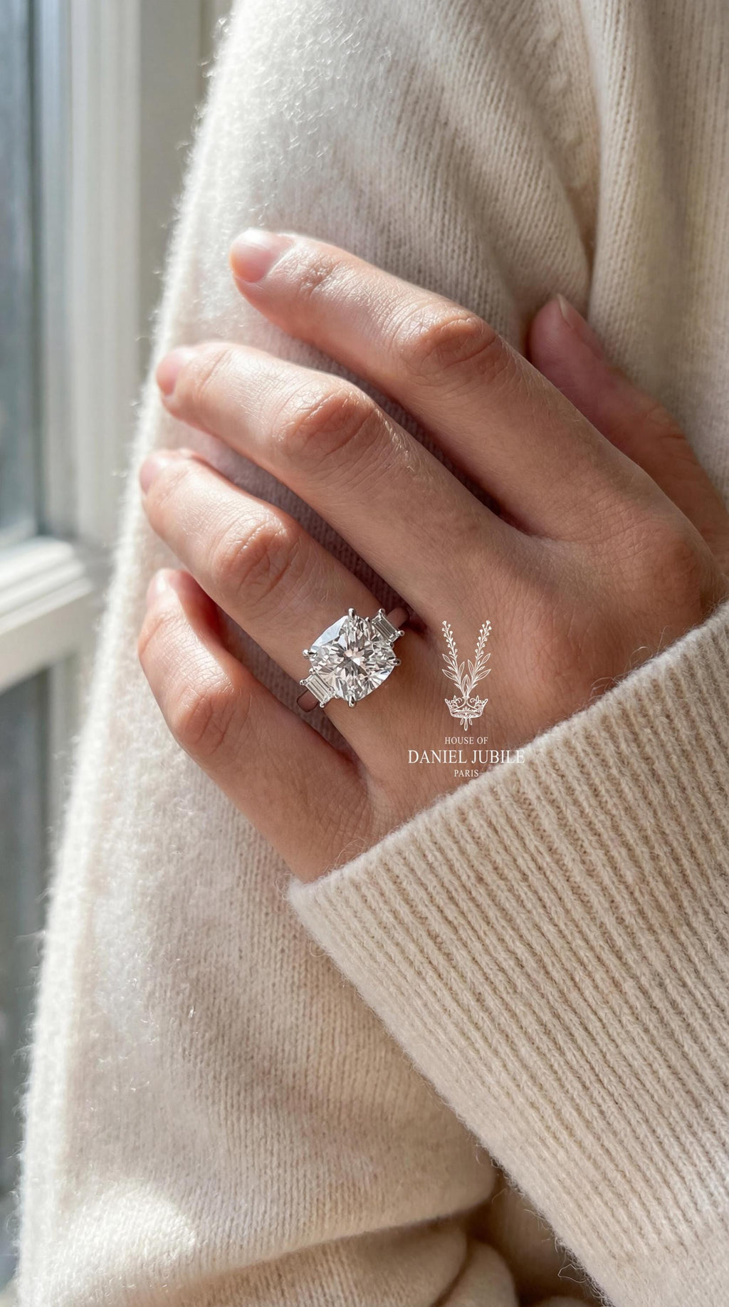 3Carat Cushion Cut Lab Diamond Engagement Ring – Three Stone 14k Gold