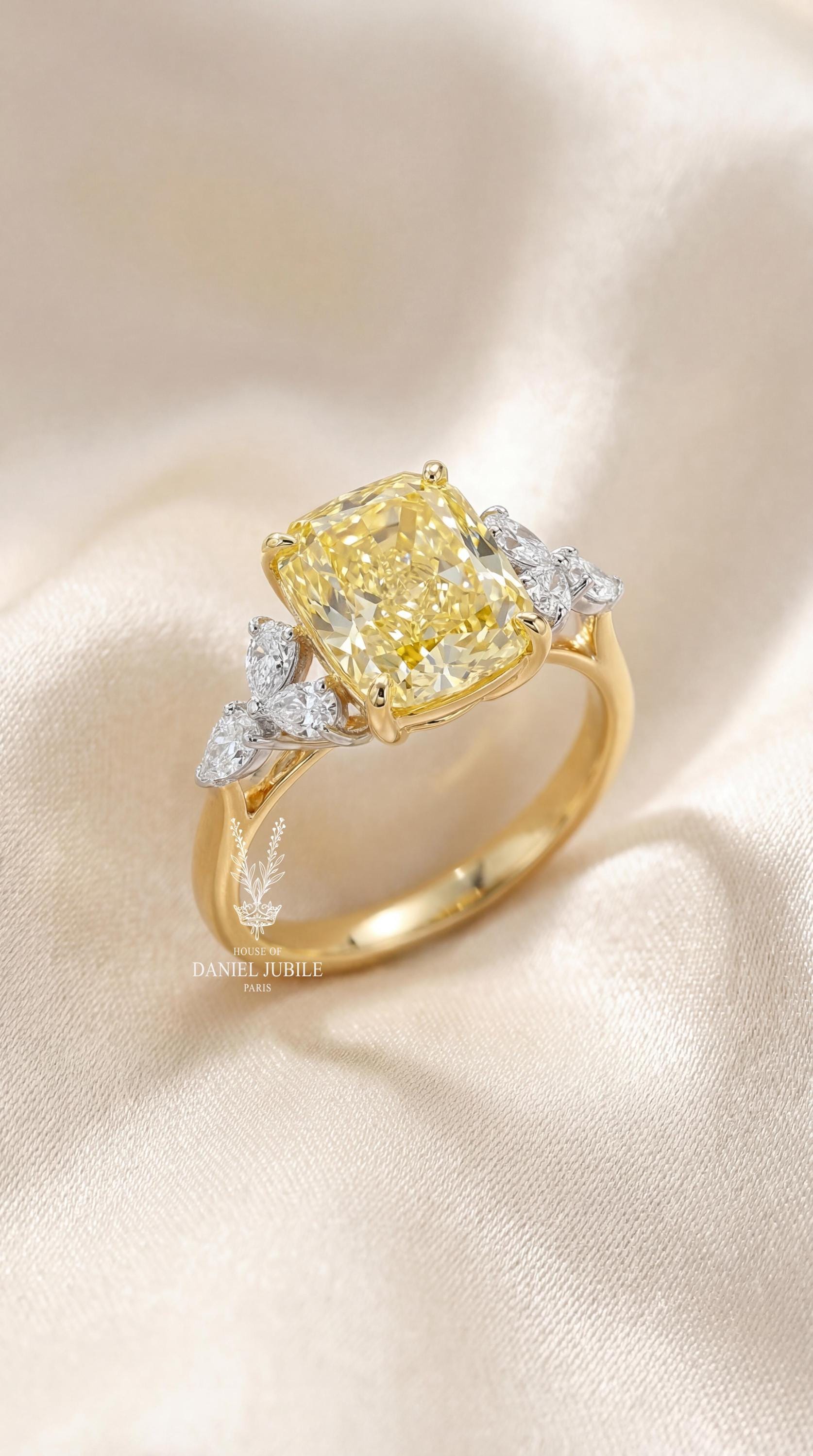 3 Carat Fancy Yellow Cushion Cut Floral Lab Diamond Ring - 14k Gold Engagement Ring