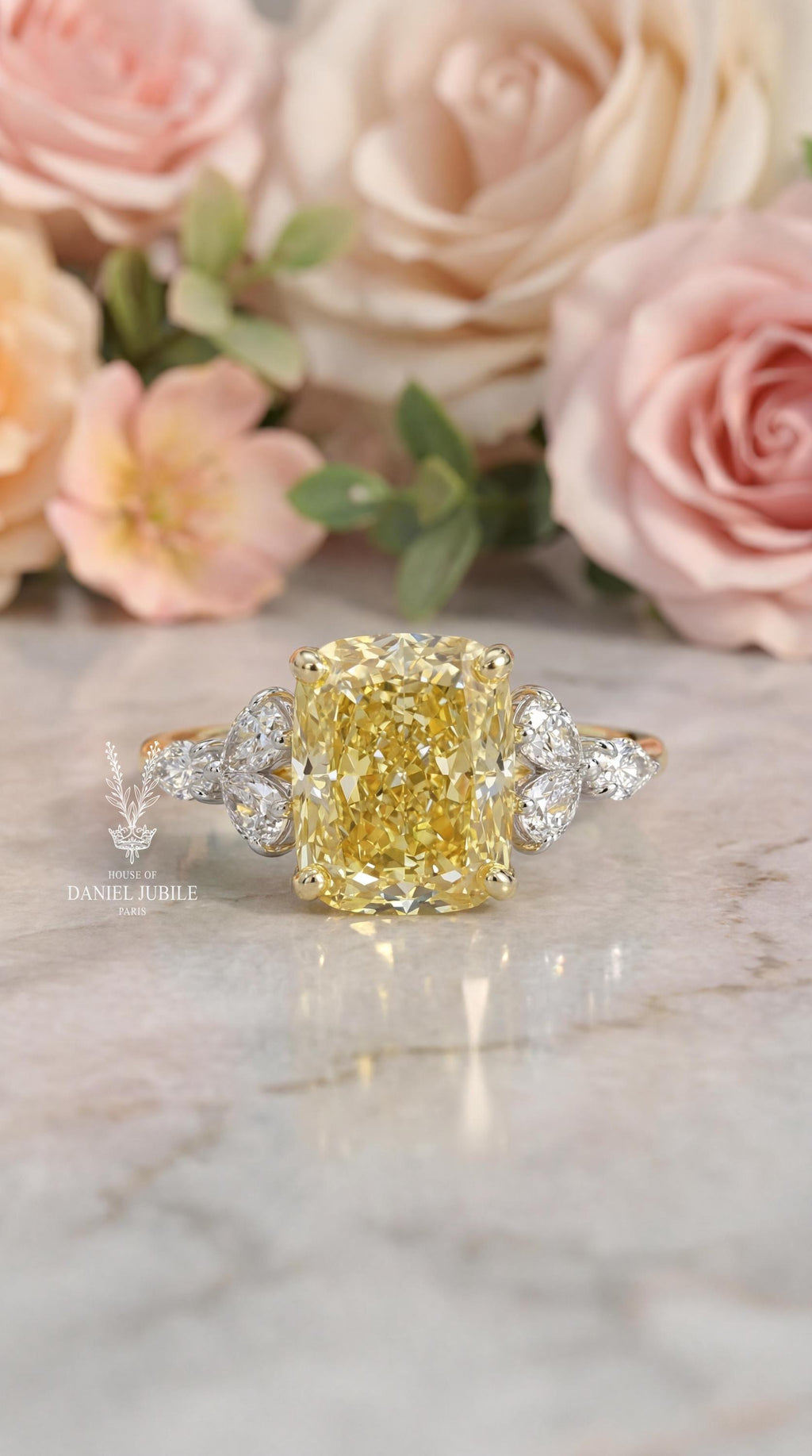 3 Carat Fancy Yellow Cushion Cut Floral Lab Diamond Ring - 14k Gold Engagement Ring