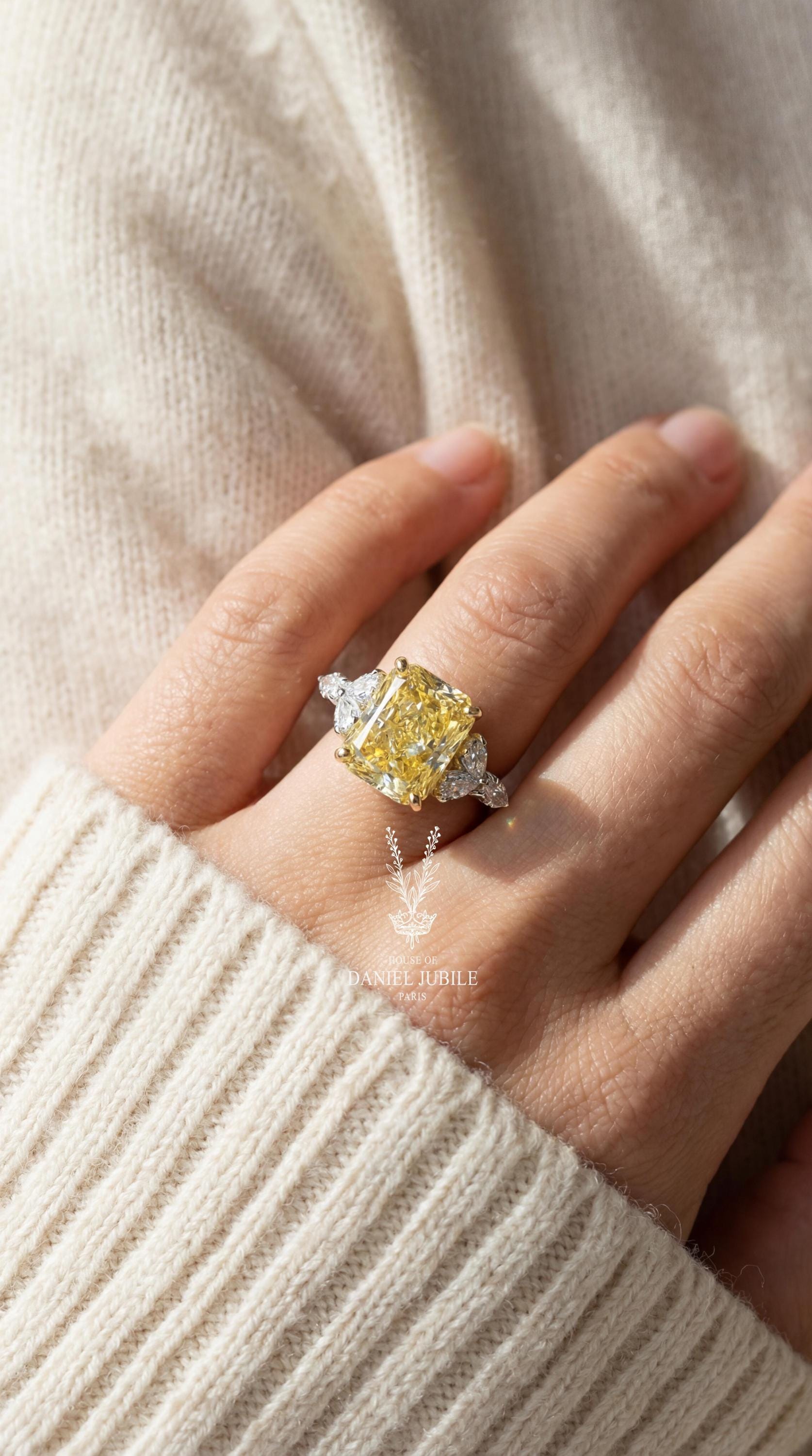 3 Carat Fancy Yellow Cushion Cut Floral Lab Diamond Ring - 14k Gold Engagement Ring