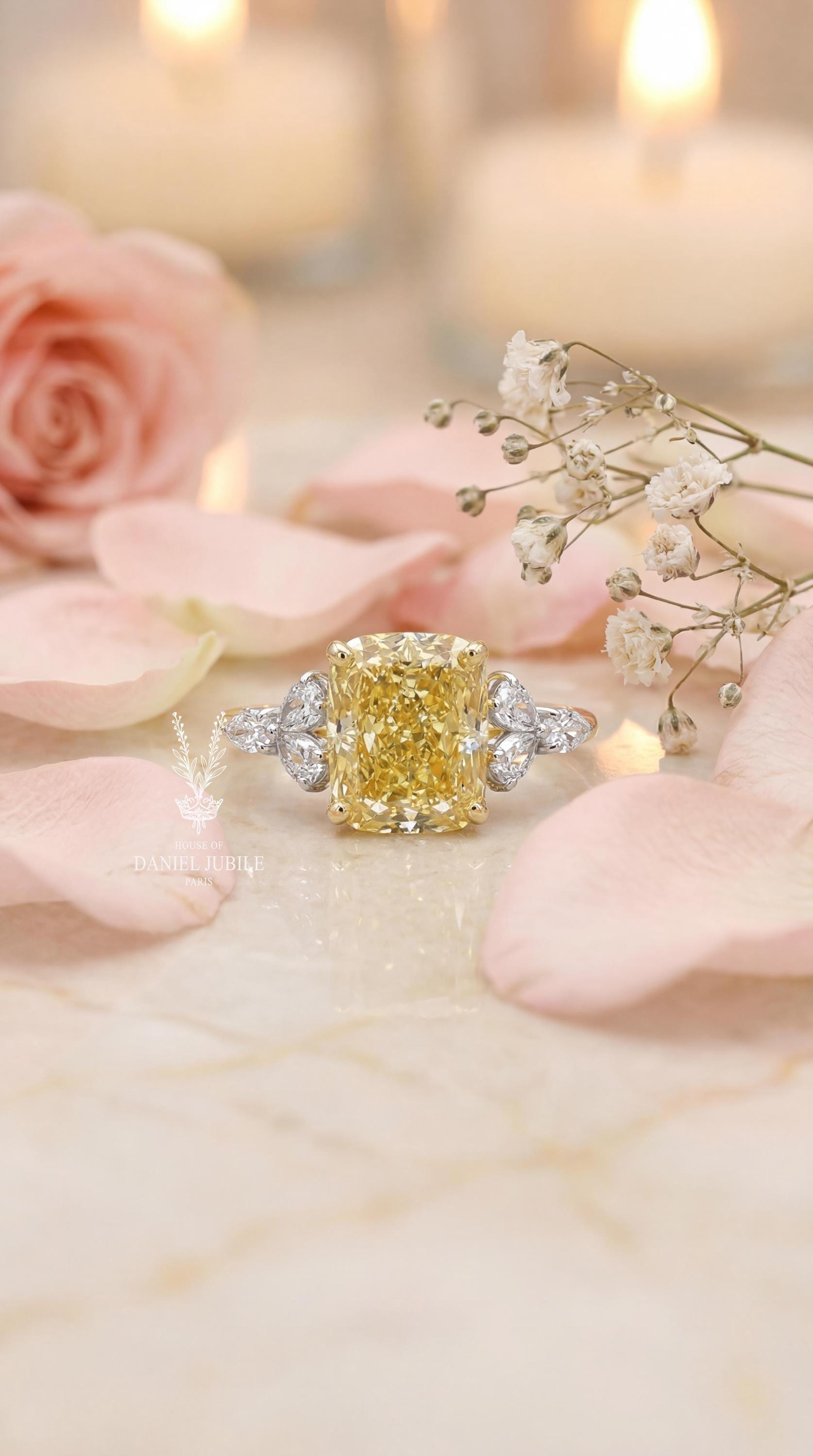 3 Carat Fancy Yellow Cushion Cut Floral Lab Diamond Ring - 14k Gold Engagement Ring