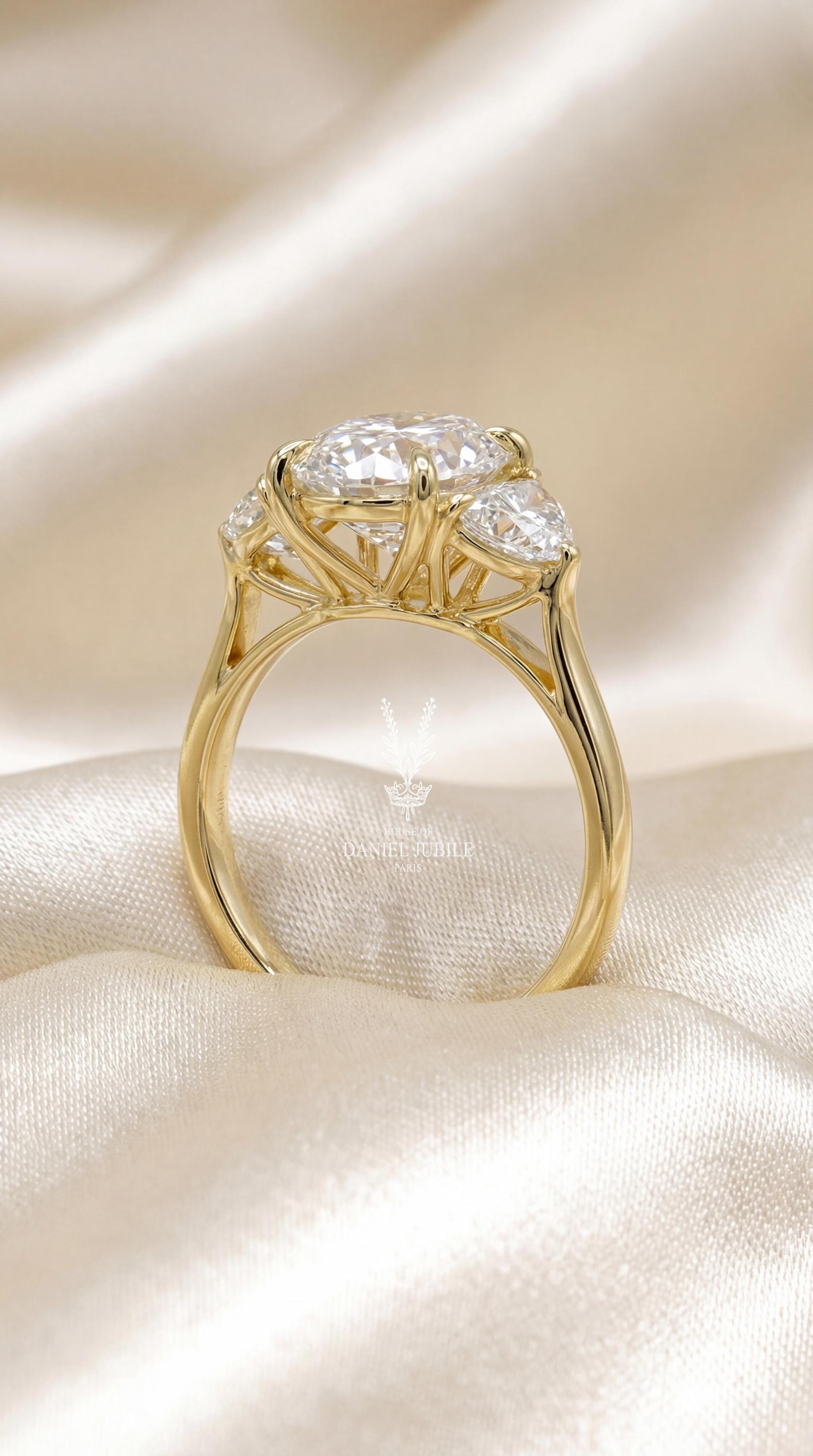 3.80 Carat Oval Lab Grown Diamond Engagement Ring, Half Moon Side Stones, 14k White Gold