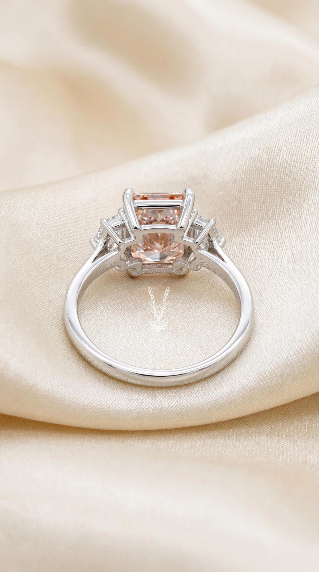 3.80 Carat Pink Radiant Cut Lab Engagement Diamond Ring, 14k White Gold Trilogy