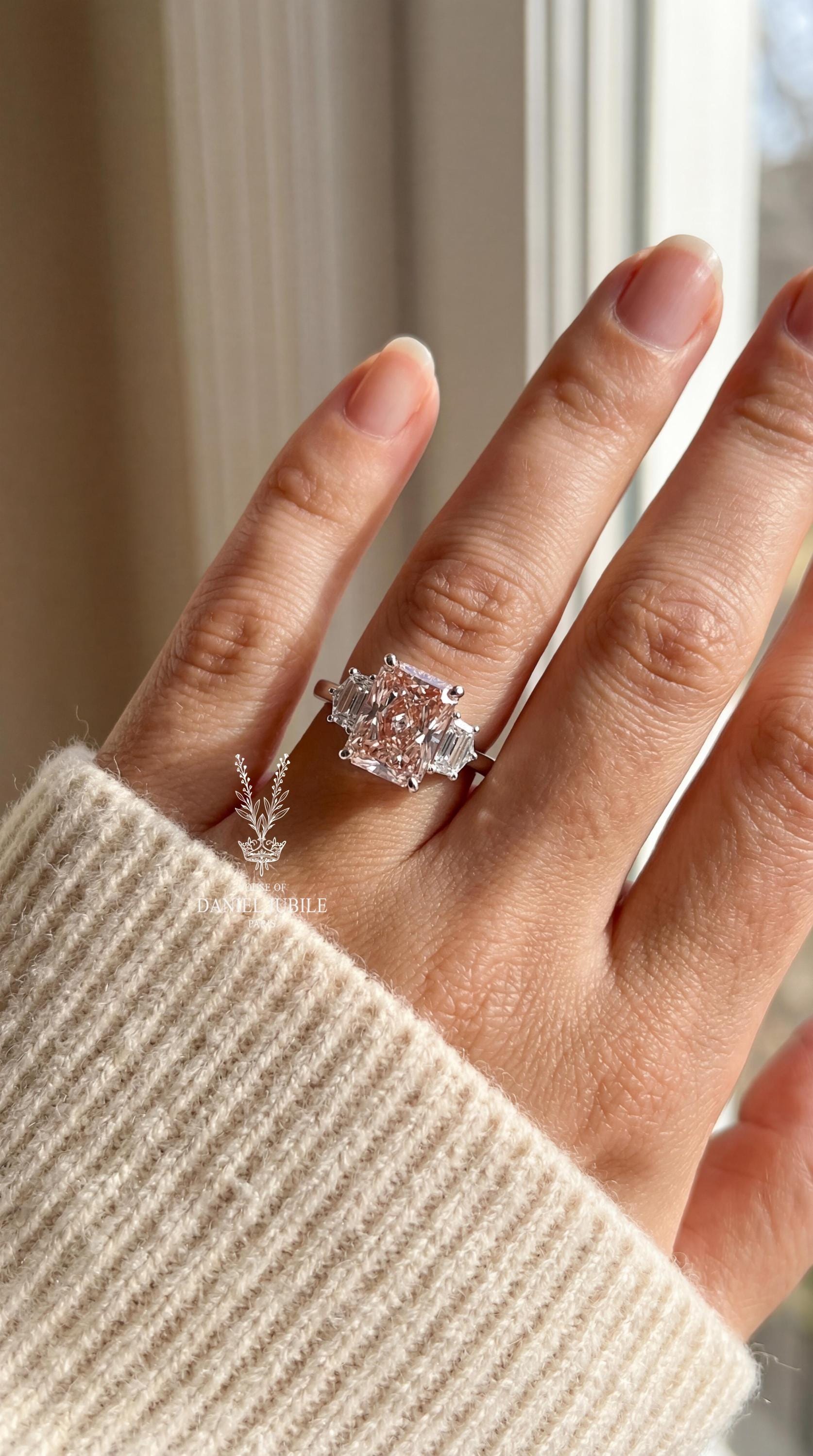 3.80 Carat Pink Radiant Cut Lab Engagement Diamond Ring, 14k White Gold Trilogy