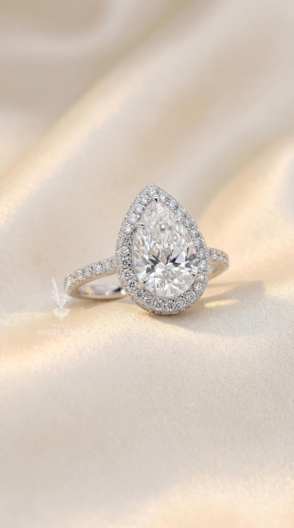 3.55ctw Pear Cut Lab Grown Diamond Engagement Ring, 14k White Gold Hidden Halo