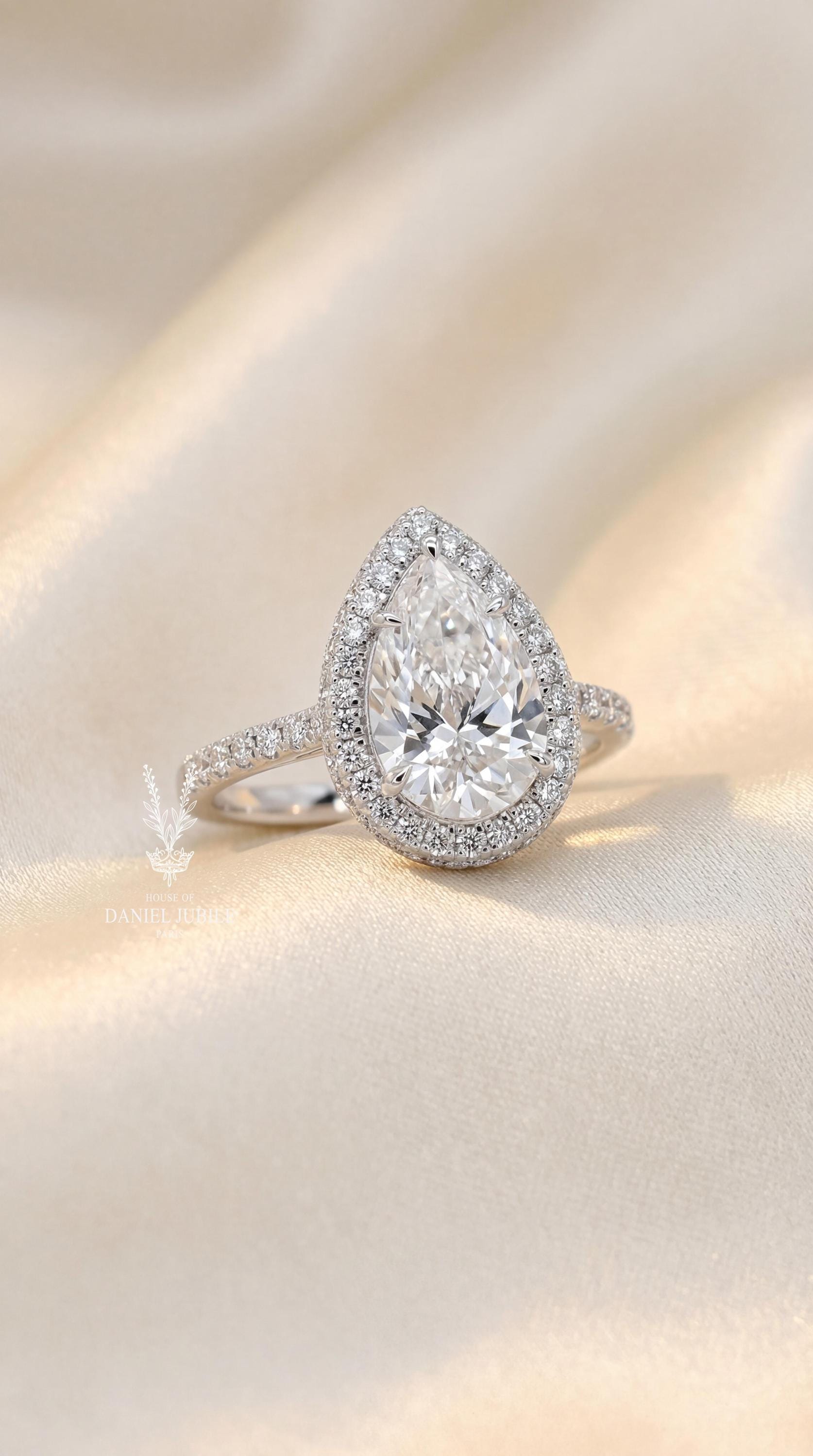 3.55ctw Pear Cut Lab Grown Diamond Engagement Ring, 14k White Gold Hidden Halo