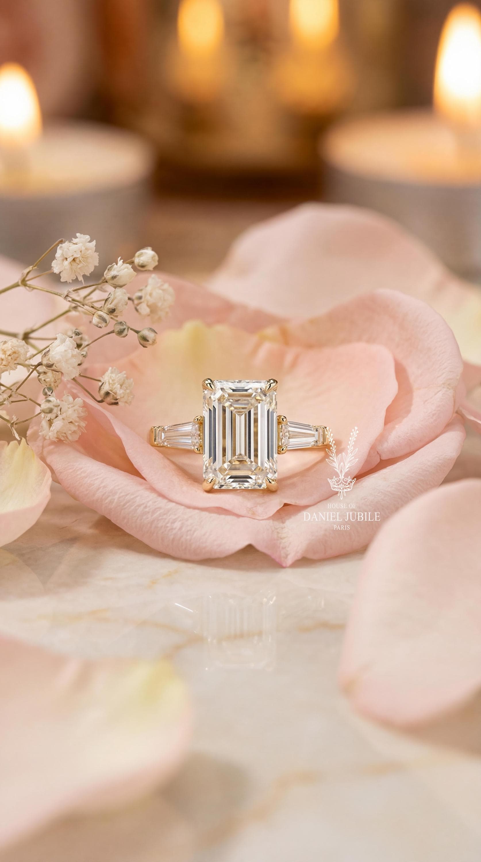 3.35 Carat Emerald Cut Lab Grown Engagement Diamond Ring, 14k White Gold Trilogy