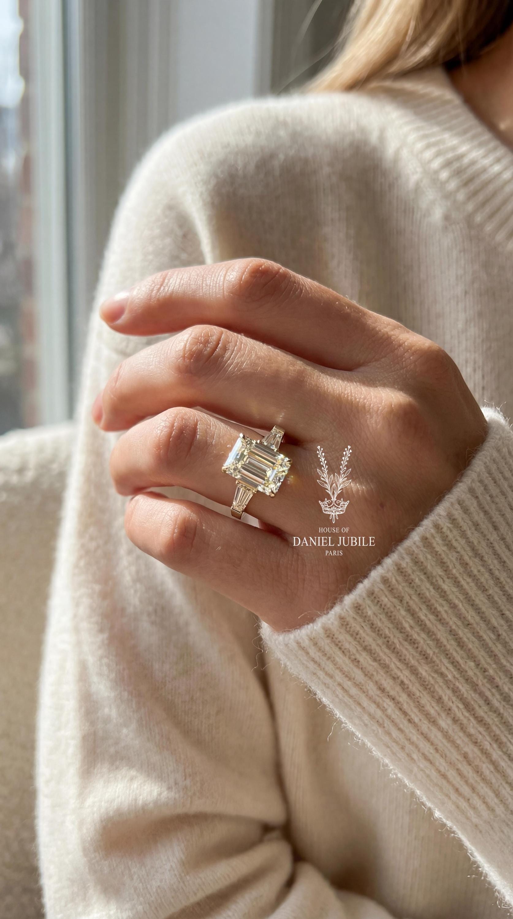3.35 Carat Emerald Cut Lab Grown Engagement Diamond Ring, 14k White Gold Trilogy
