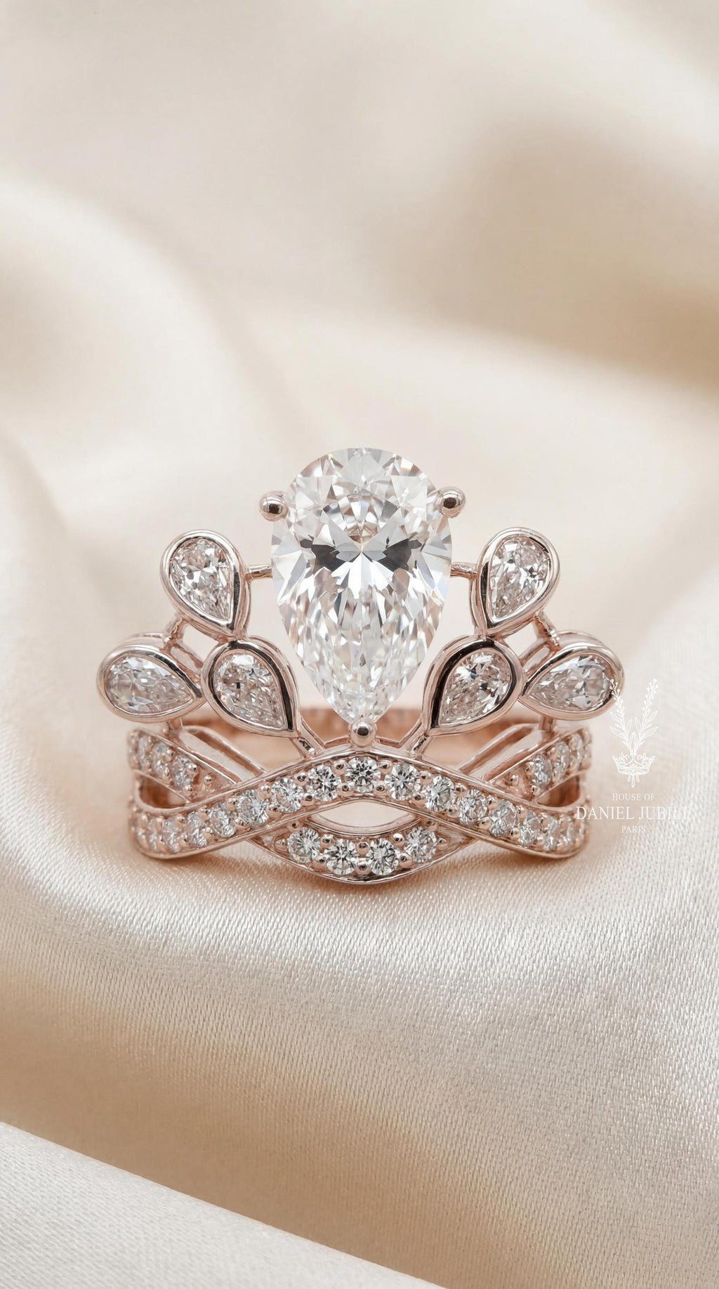5ctw Pear Cut Lab Diamond Engagement Ring: 14k Rose Gold Tiara Halo