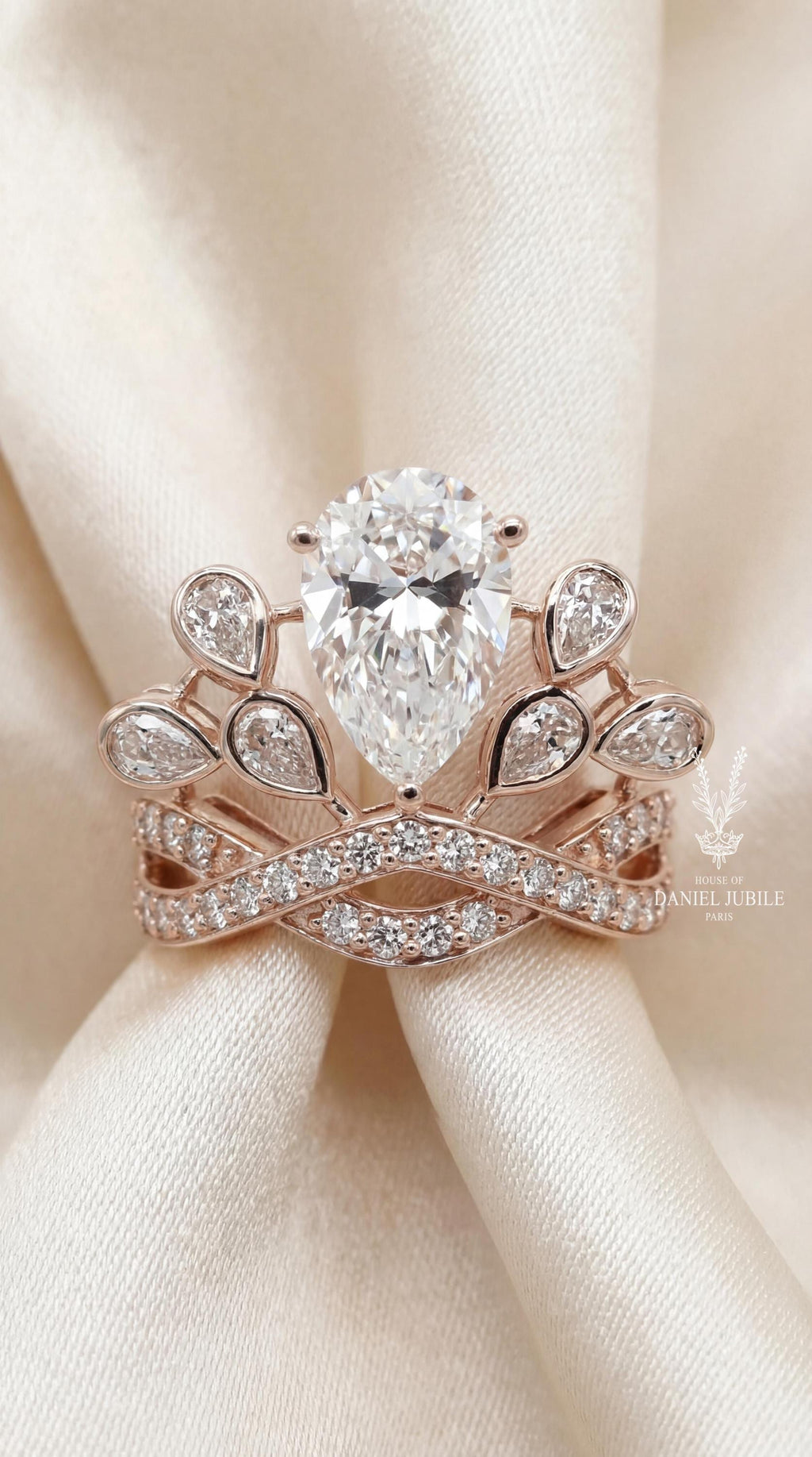 5ctw Pear Cut Lab Diamond Engagement Ring: 14k Rose Gold Tiara Halo