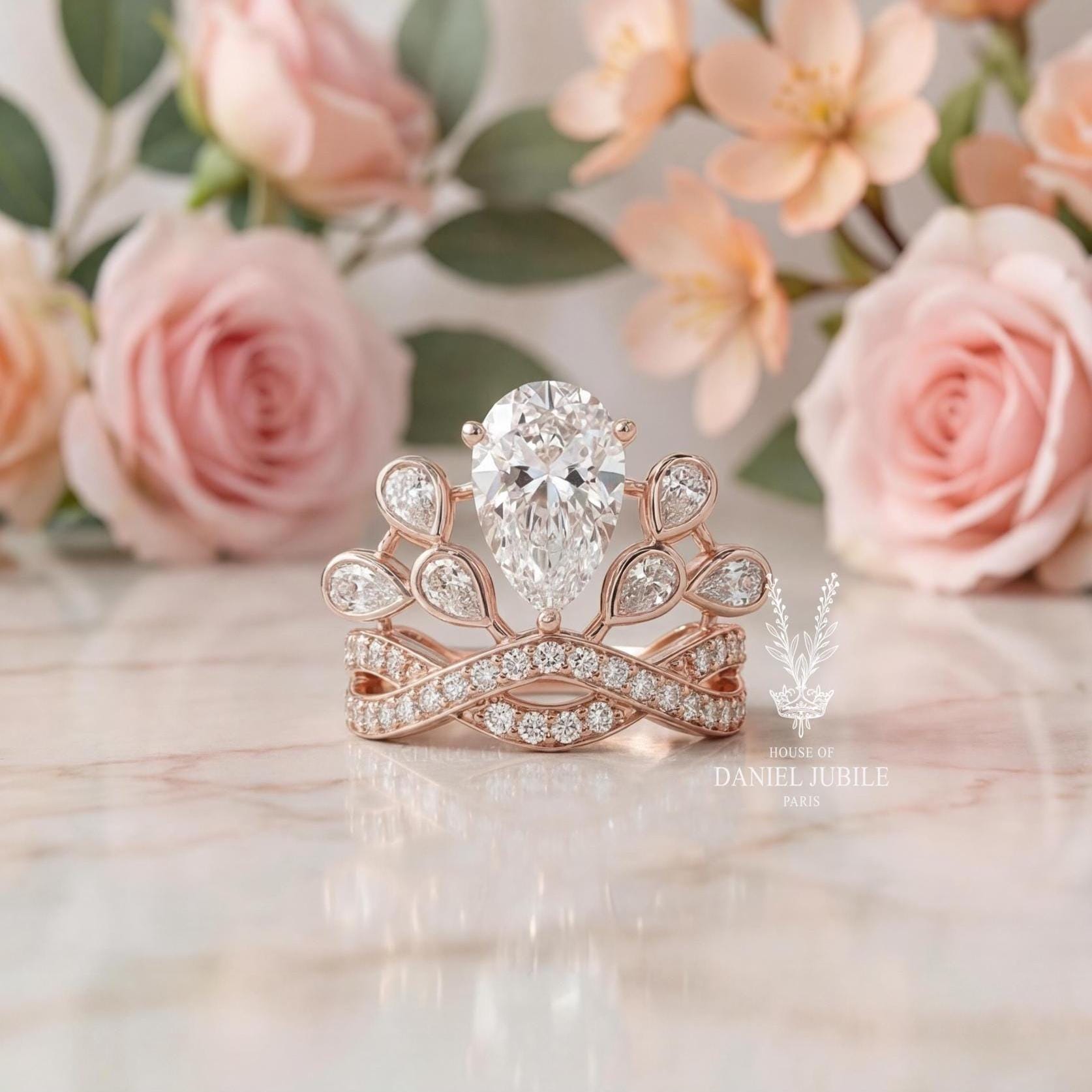 5ctw Pear Cut Lab Diamond Engagement Ring: 14k Rose Gold Tiara Halo