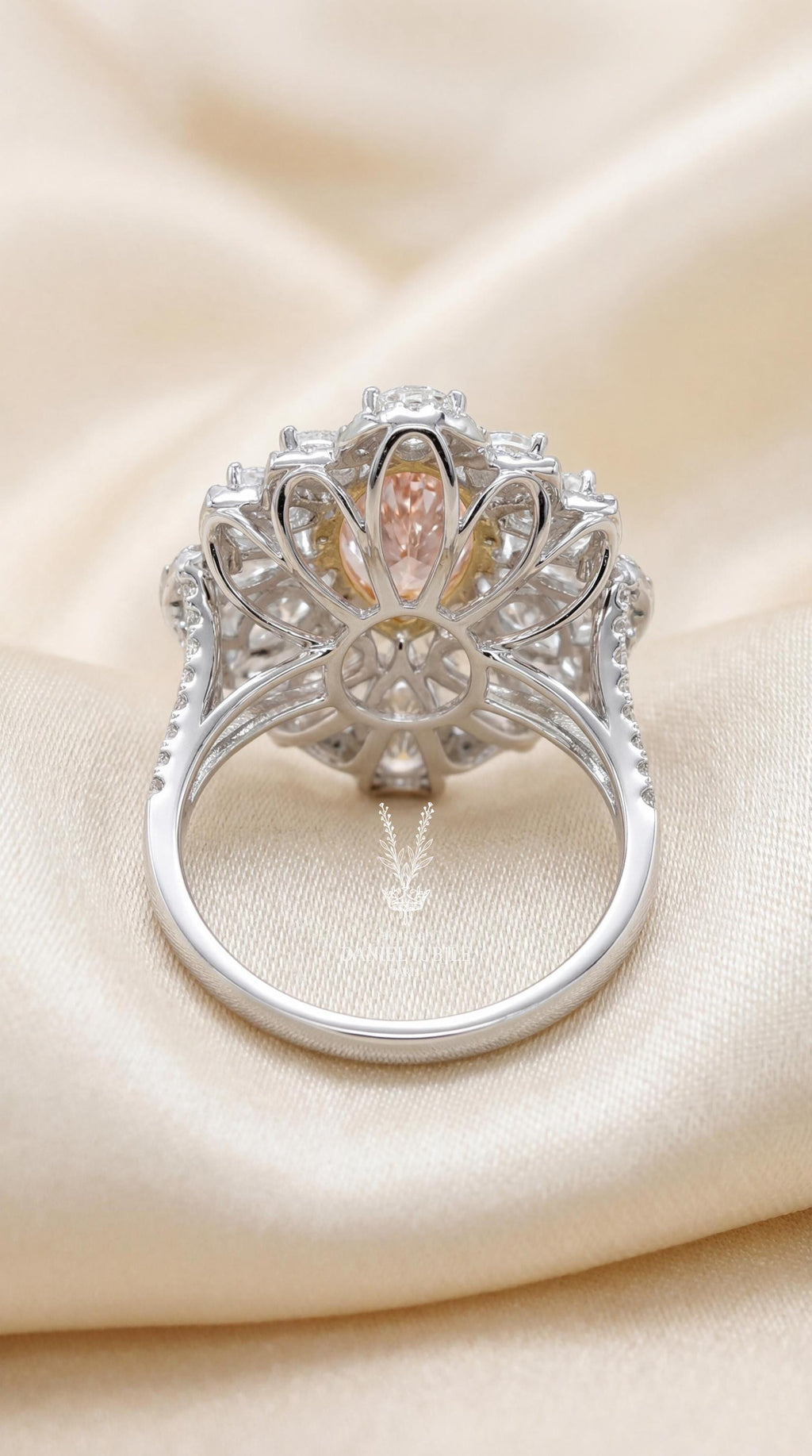 Pink Marquise Engagement Diamond Ring: 14k Gold Sunburst Halo, Art Deco
