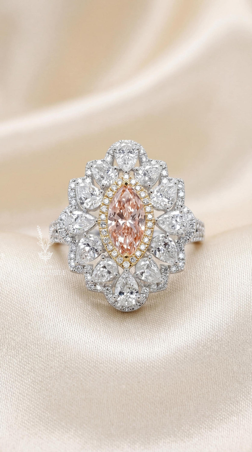 Pink Marquise Engagement Diamond Ring: 14k Gold Sunburst Halo, Art Deco