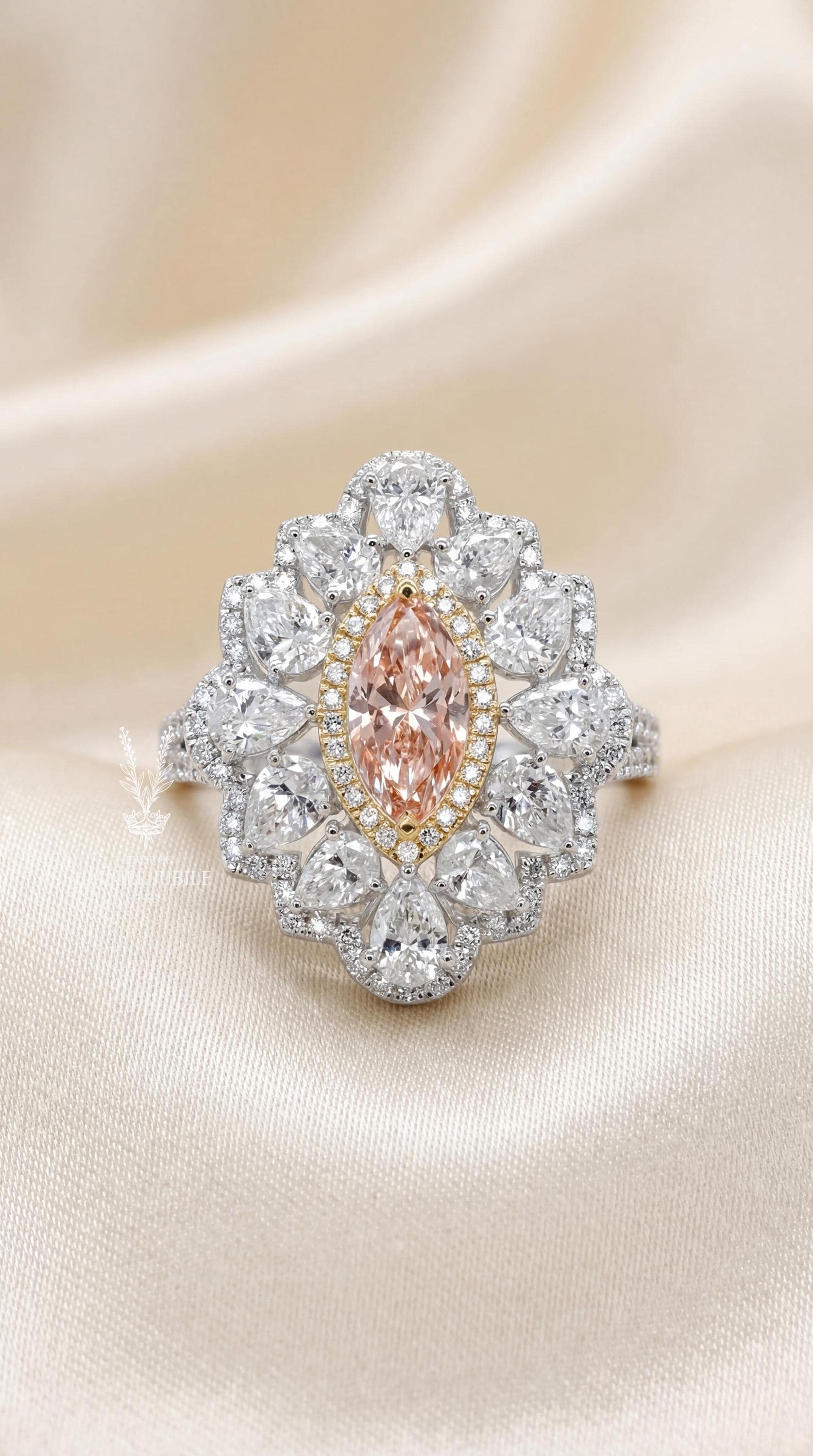 Pink Marquise Engagement Diamond Ring: 14k Gold Sunburst Halo, Art Deco