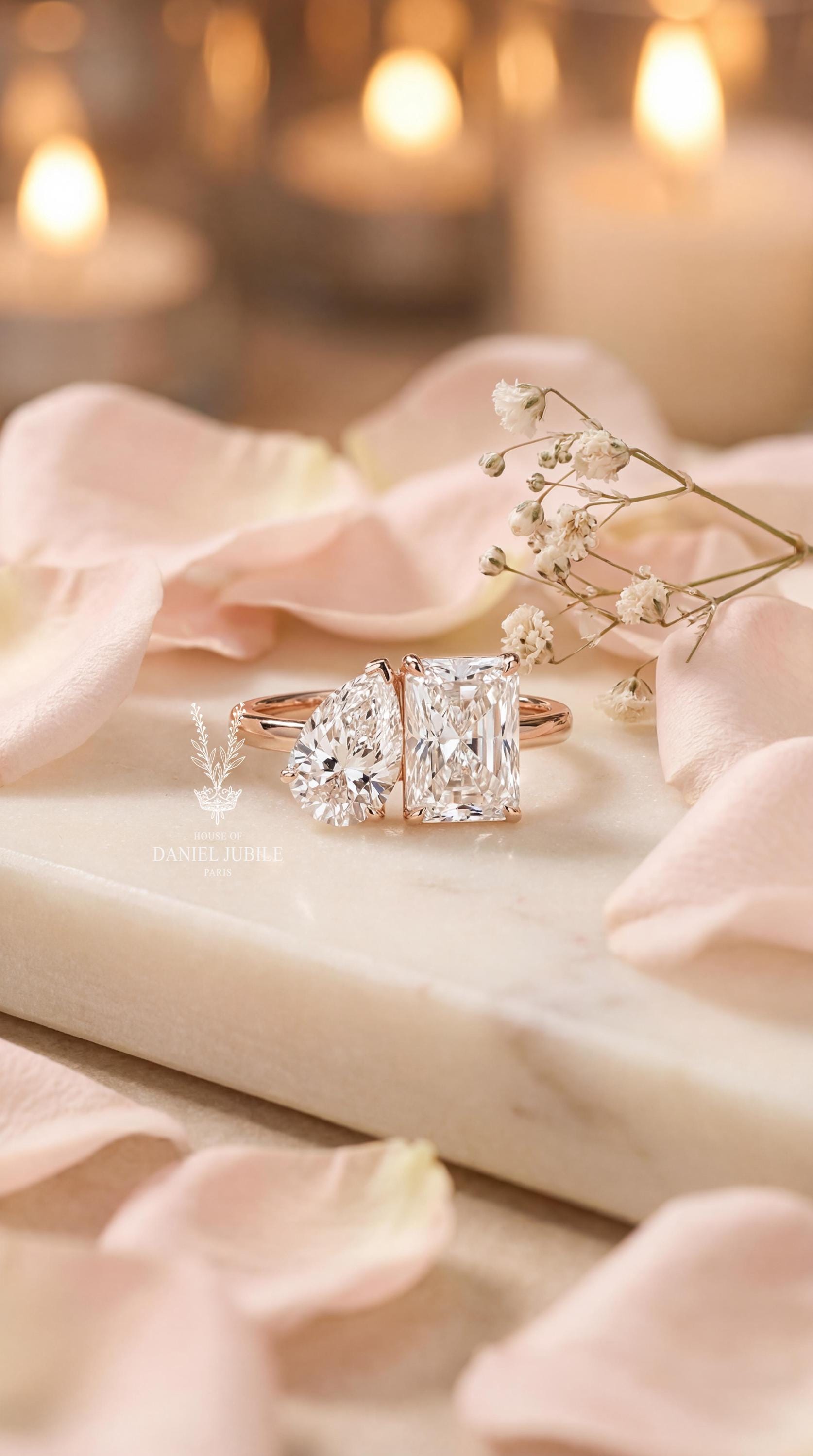 4ctw Lab Grown Diamond Toi et Moi Ring, 14k Gold Pear & Radiant Cut