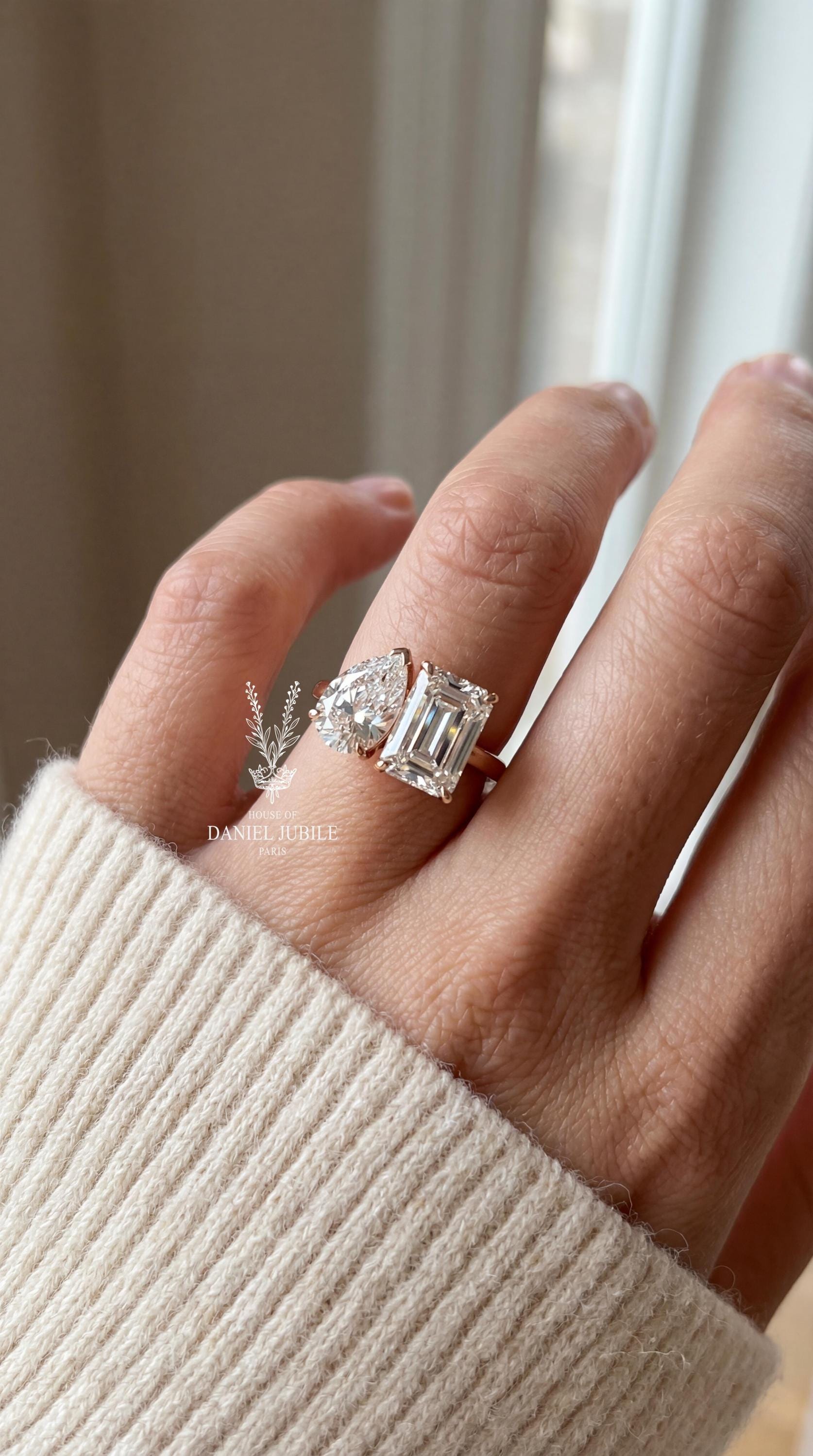 4ctw Lab Grown Diamond Toi et Moi Ring, 14k Gold Pear & Radiant Cut