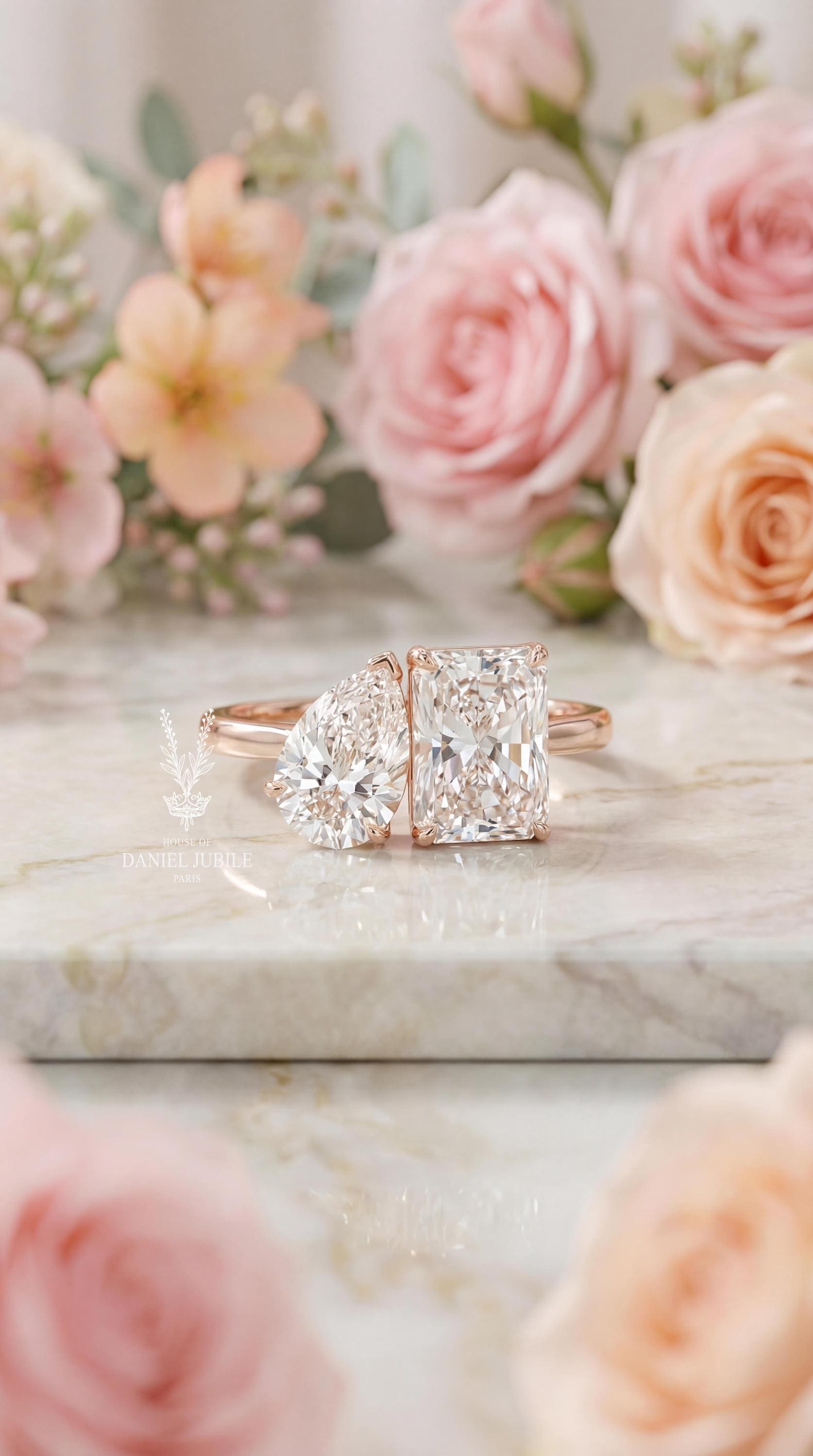 4ctw Lab Grown Diamond Toi et Moi Ring, 14k Gold Pear & Radiant Cut