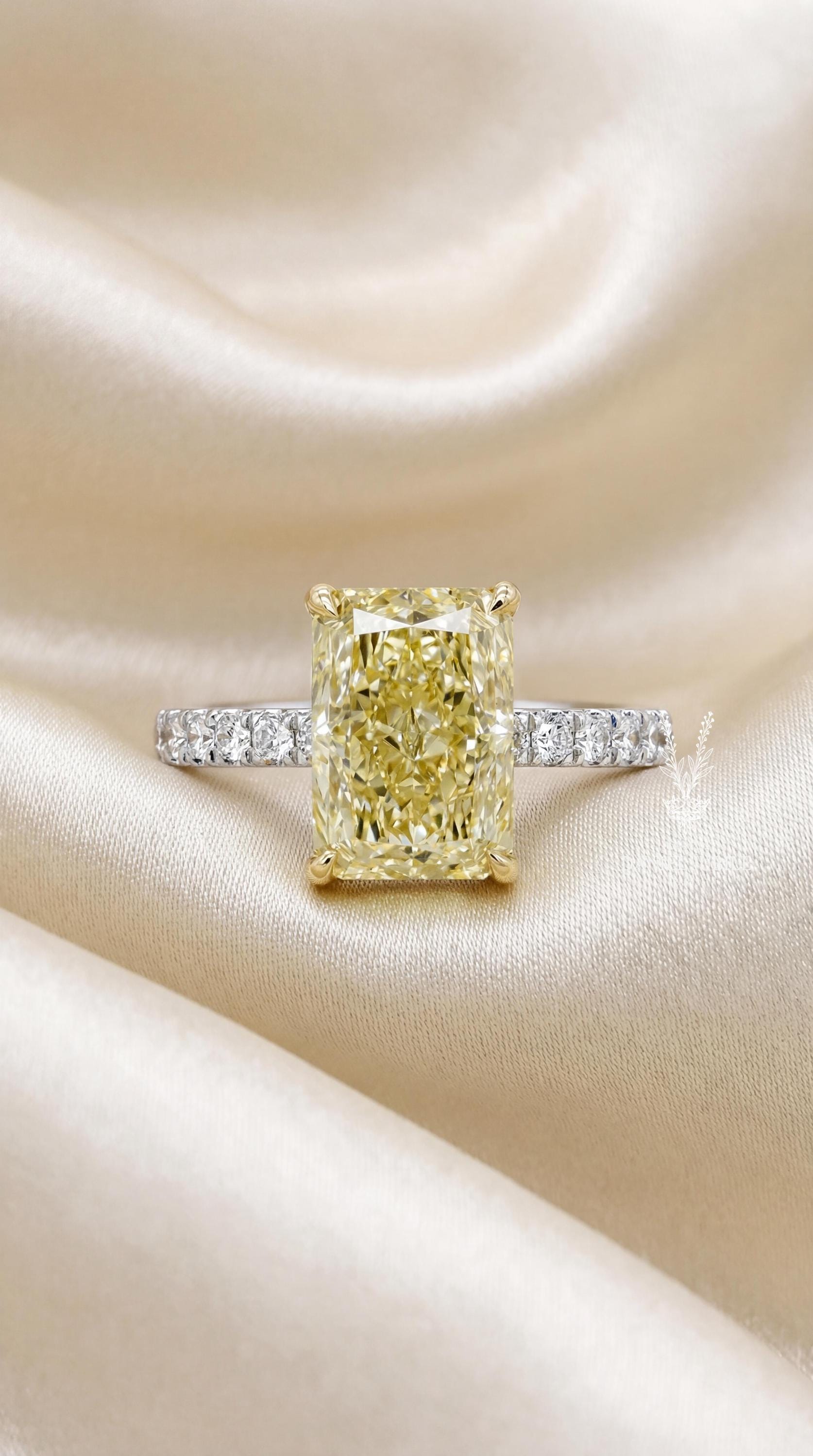 4Carat Canary Yellow Engagement Diamond Ring, Radiant Cut, Hidden Halo, Two-Tone Gold