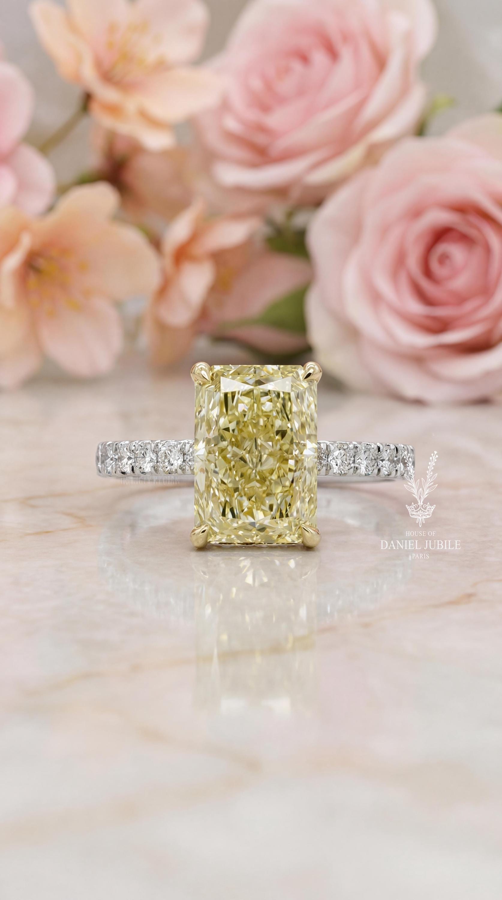 4Carat Canary Yellow Engagement Diamond Ring, Radiant Cut, Hidden Halo, Two-Tone Gold
