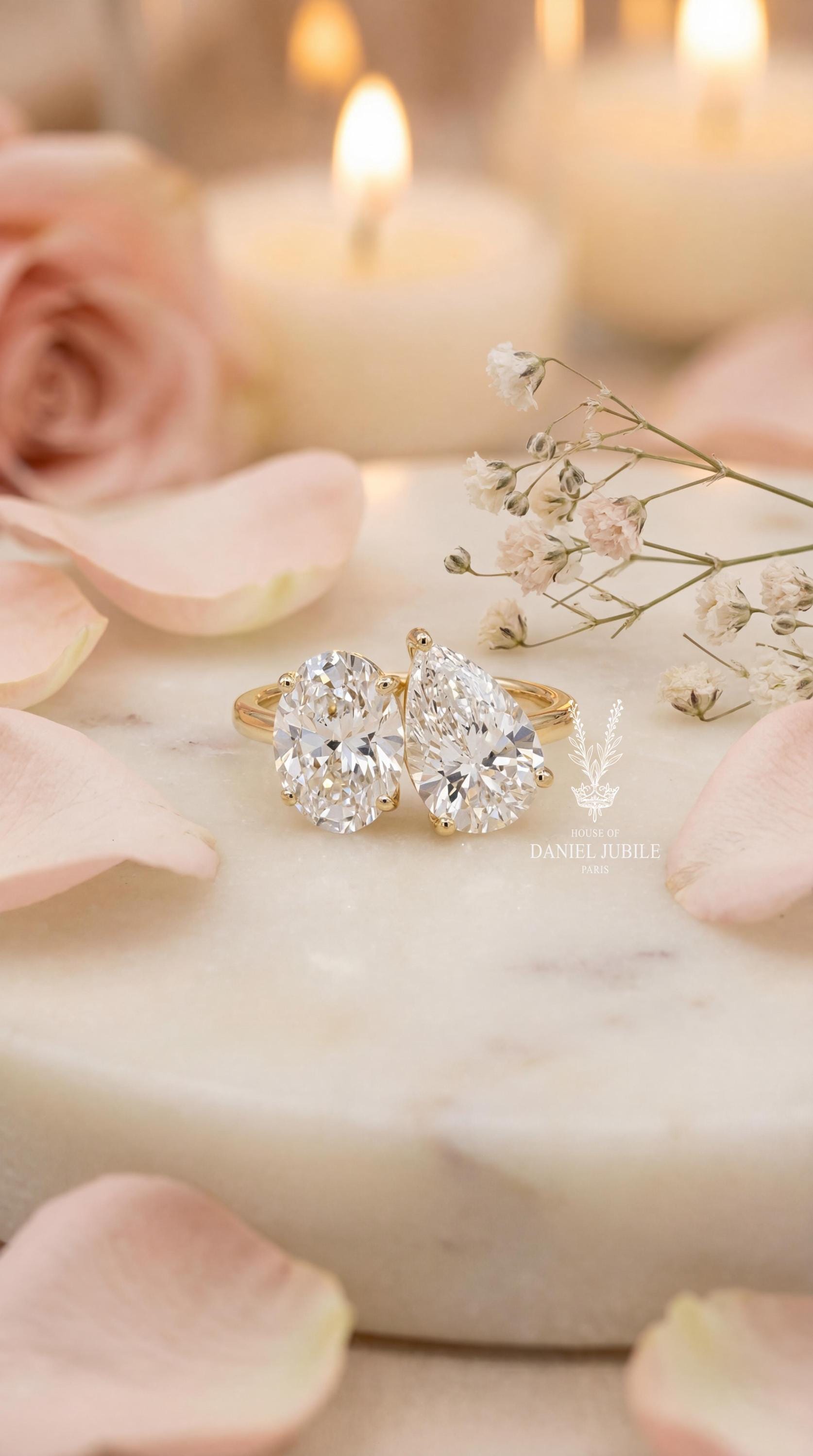 4ctw Lab Grown Diamond Toi et Moi Ring, 14k Gold Oval Pear Cut