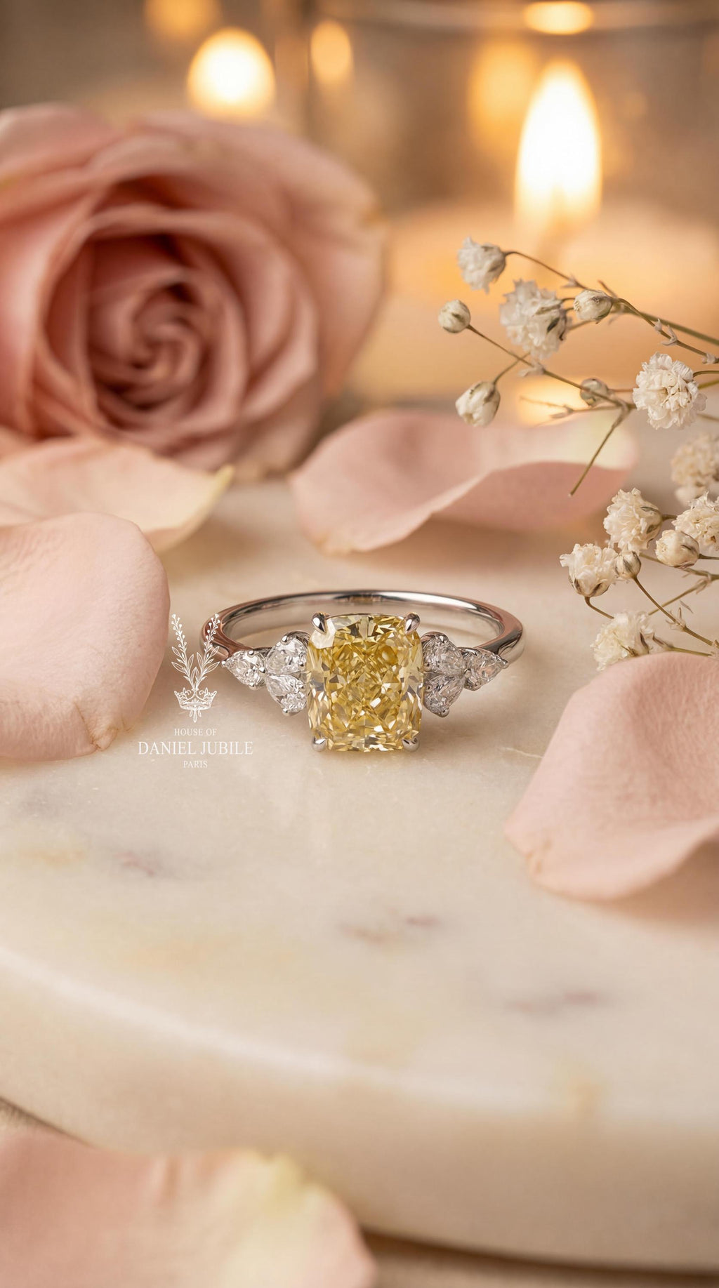2.60ctw Lab Grown Yellow Diamond Engagement Ring, 14k Gold Pear Side Stones