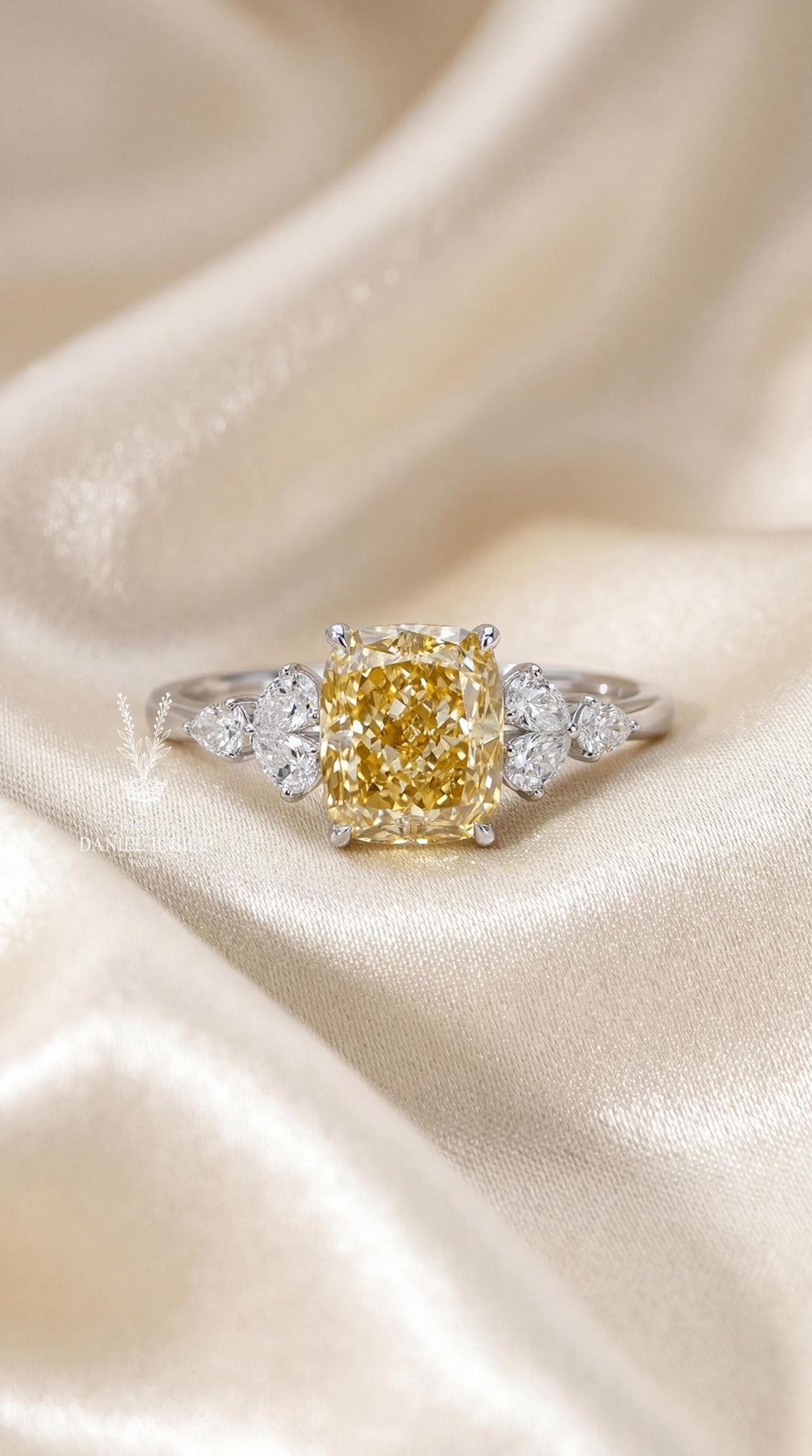 2.60ctw Lab Grown Yellow Diamond Engagement Ring, 14k Gold Pear Side Stones